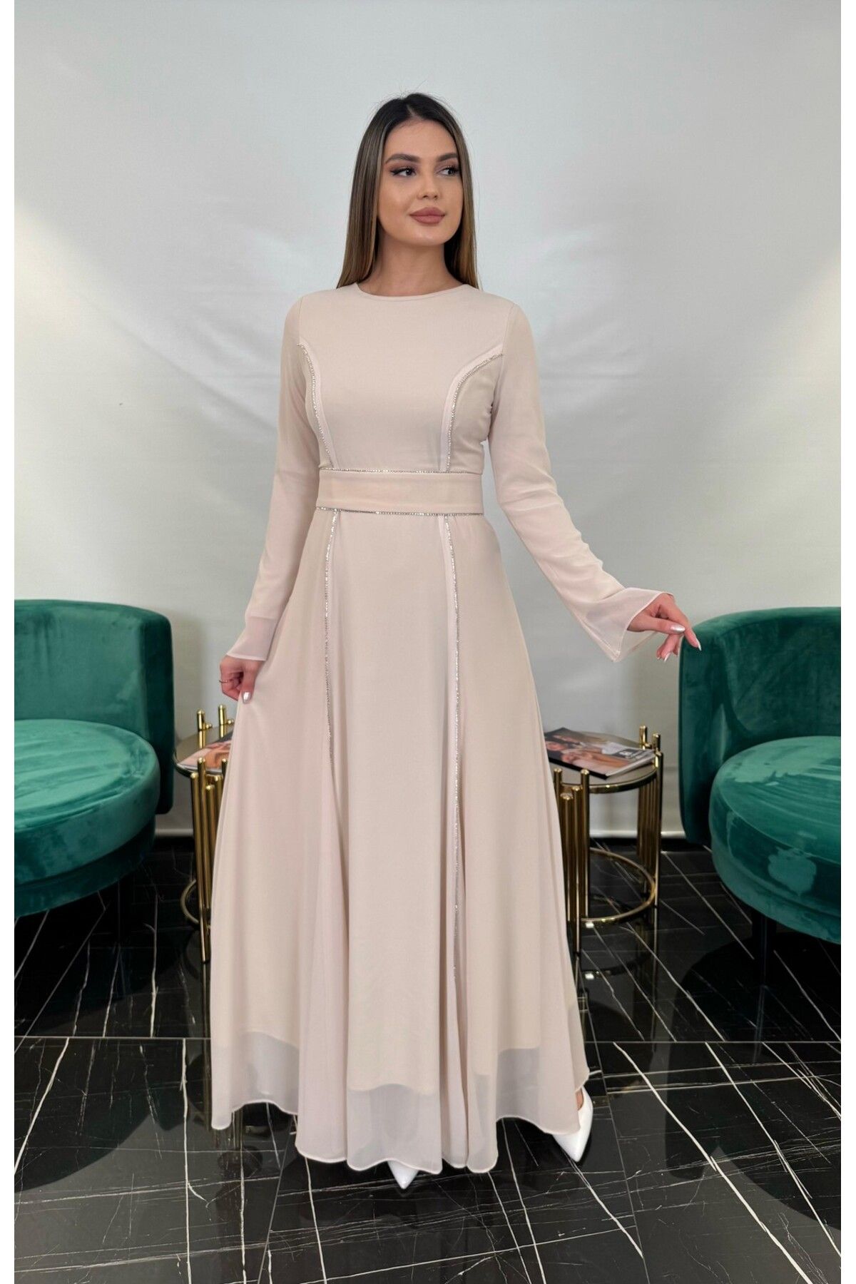 White Corner 3250 ŞERİT TAŞLI ŞİFON ELBİSE