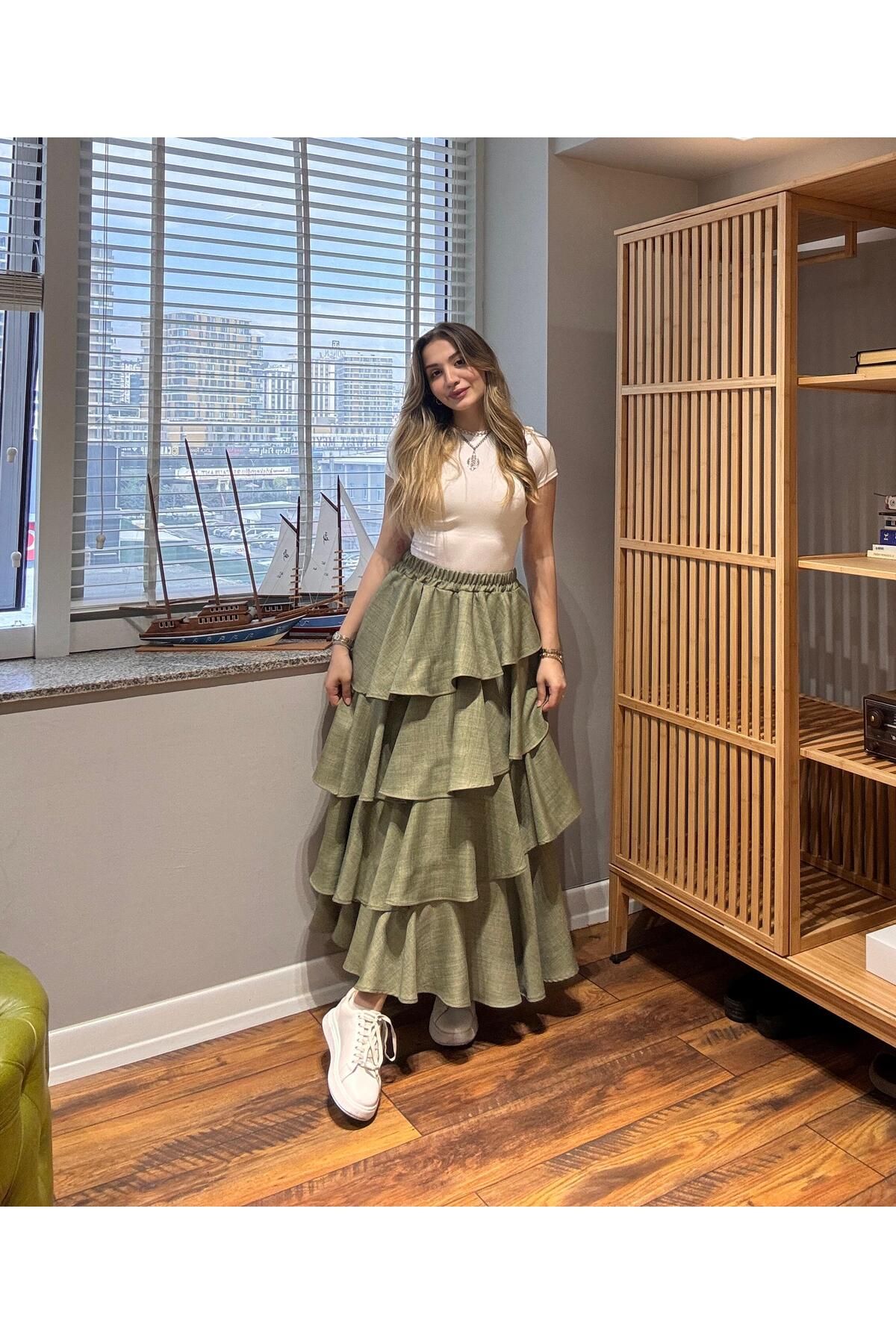 Hatun Atila Modal Kumaş Fırfırlı Etek 5193 Haki