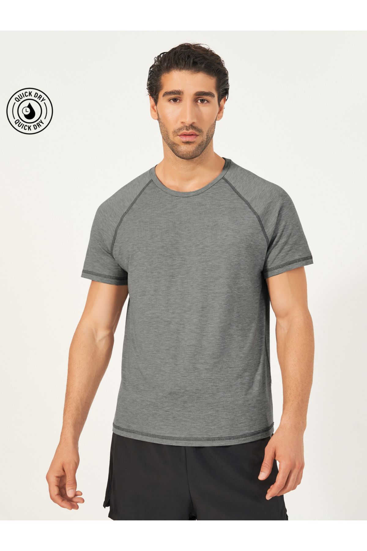 Styli-Melange Knit Stretch Raglan Workout T-Shirt 1