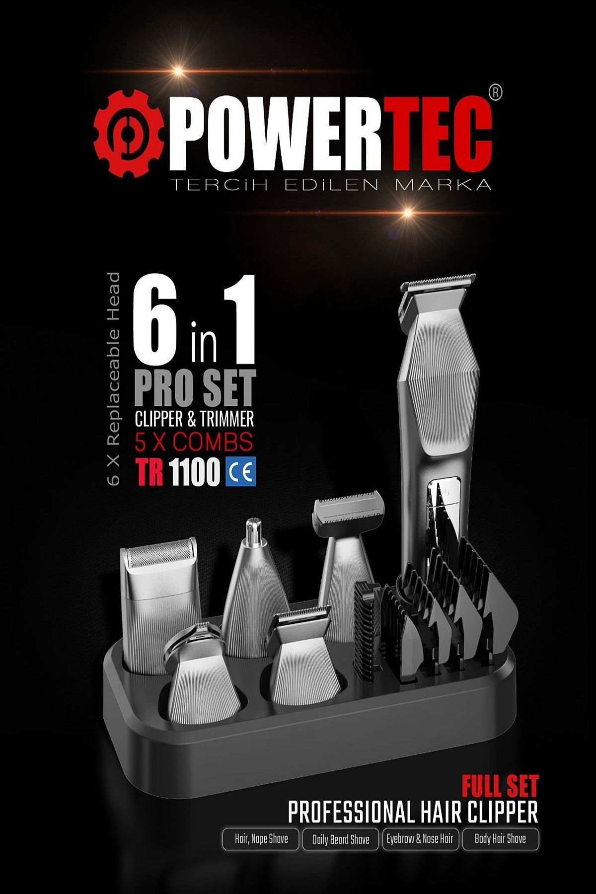 POWERTEC TR-1100 Profesyonel 6'lı Erkek Bakım Seti Saç Sakal Ense Vücut Kaş Burun Tıraş Makinesi