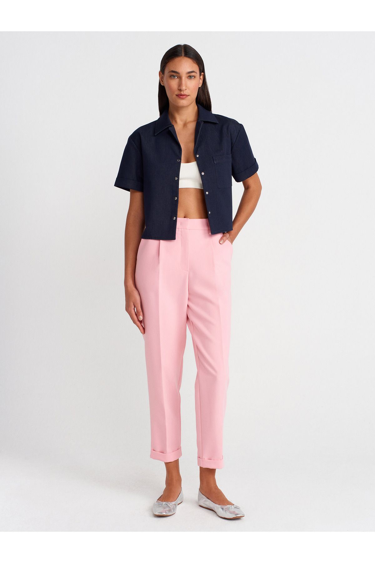 Dilvin 72124 Kıvrık Paça Yüksek Bel Pantolon-Pembe