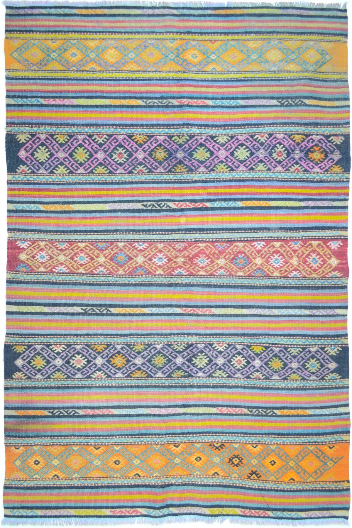 Handmade Uşak Cicim Kilim Yünden El Dokuma Turuncu, Kırmızı ve Mavi Renk 105x155 cm (1,63 m²)