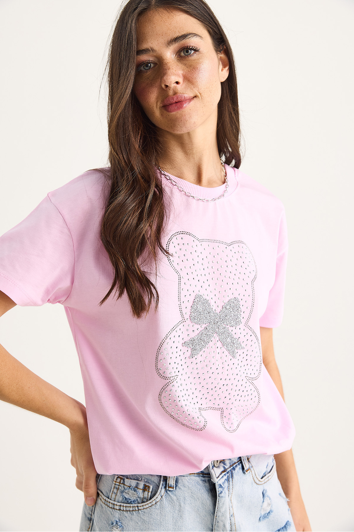 Bianco Lucci-Women's Teddy Ribbon Detailed Stone T-Shirt 60602035 4