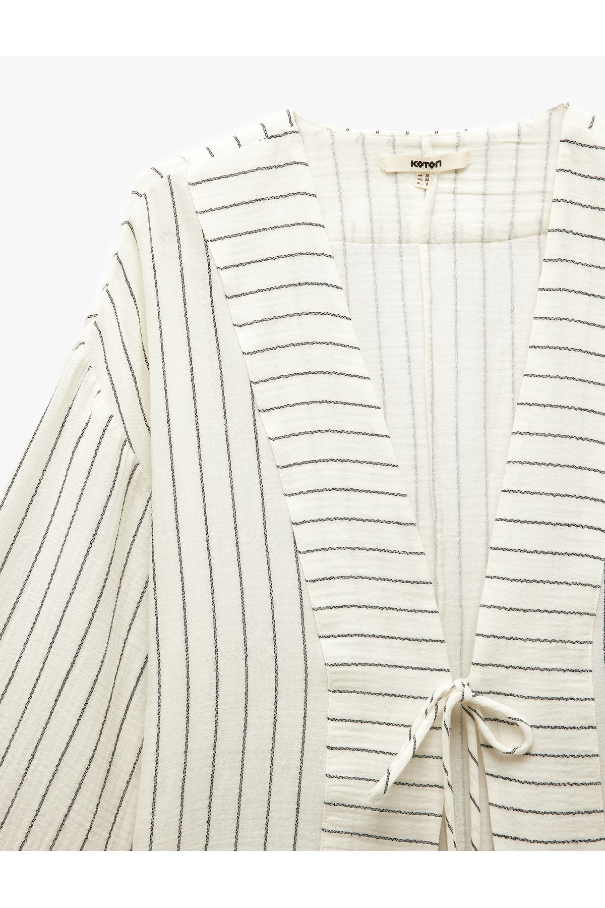 Koton-Cotton tie detail long wide-sleeve double-breasted kimono jacket. 5