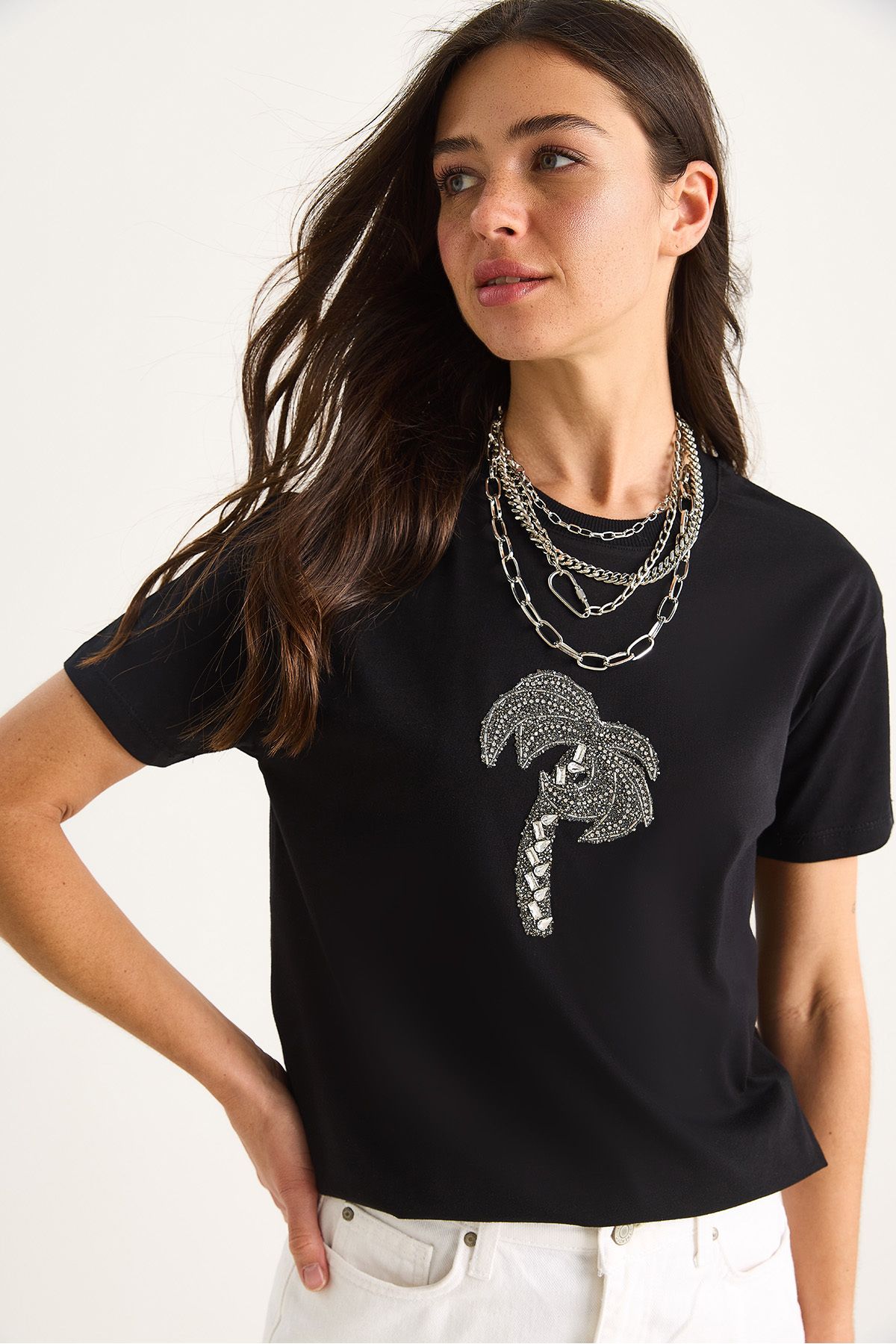 Bianco Lucci Kadın %100 Pamuk Bisiklet Yaka Palmiye Taş Aksesuarlı Rahat Kalıp T-Shirt 60602067