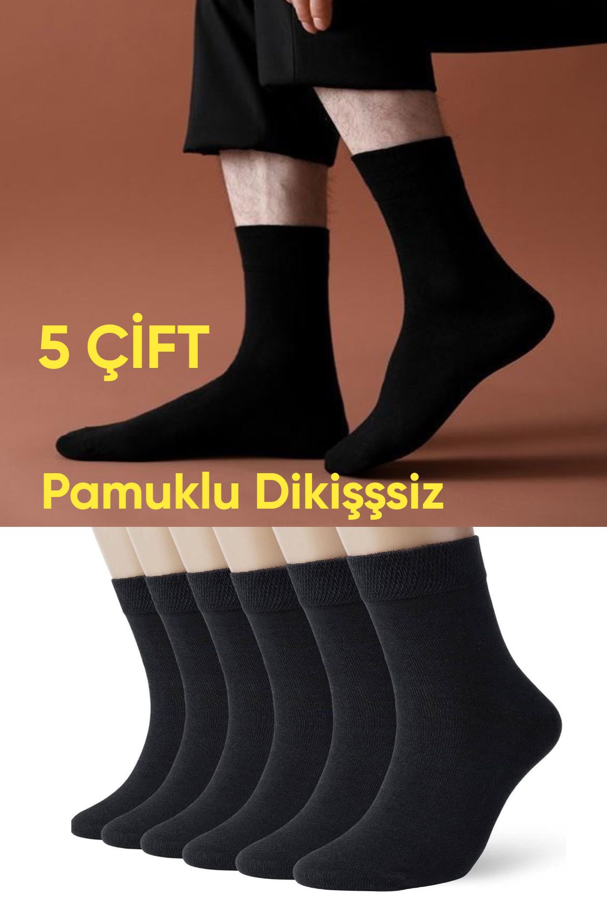 Esinti 5'li Erkek Dikişsiz Pamuklu Uzun Soket Klasik Siyah Renk Çorap Seti 5 Adet