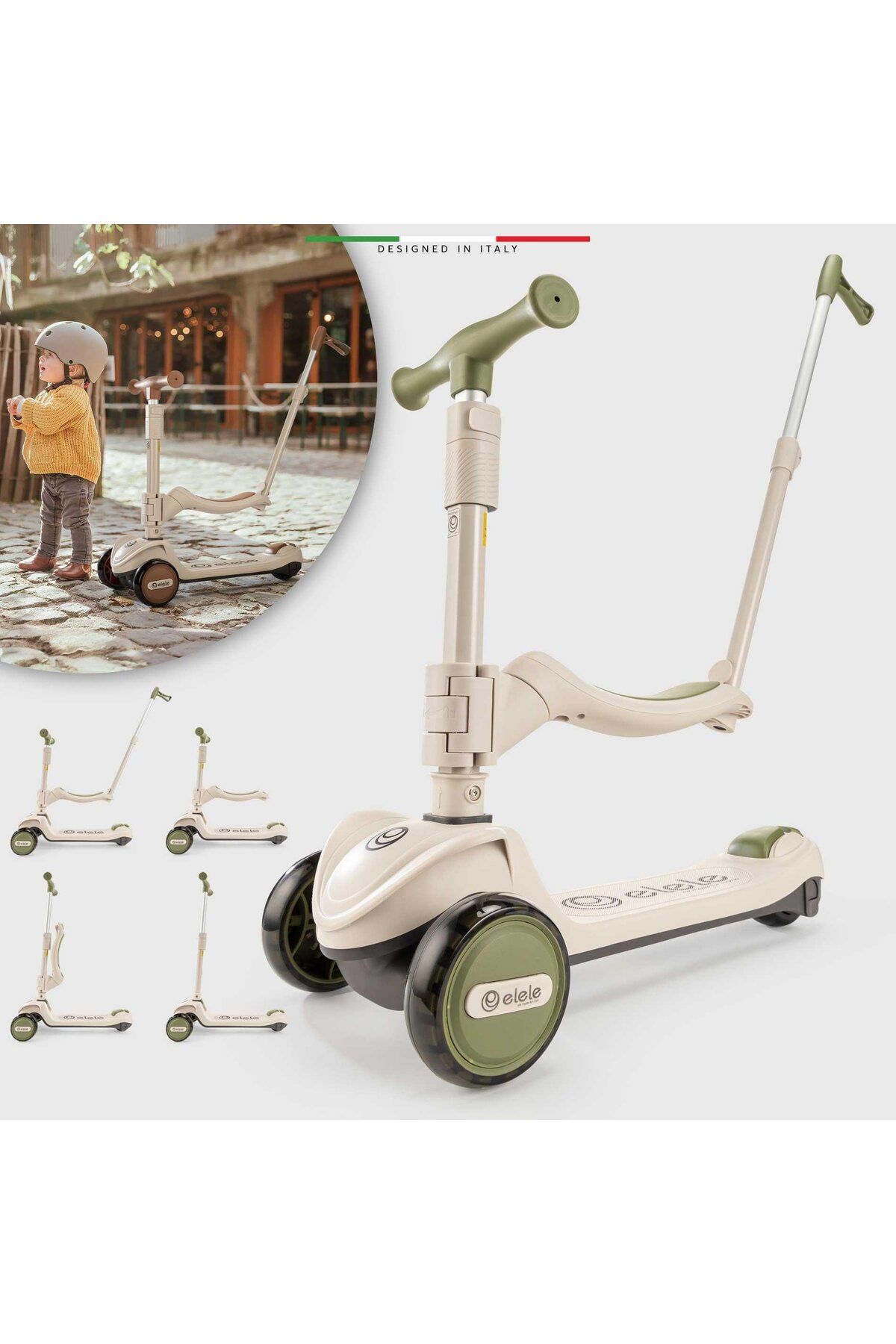 Elele Forte 3in1 Ebeveyn Kontrollü 3 Tekerlekli Çocuk Scooter Işıklı Oturaklı Yeşil