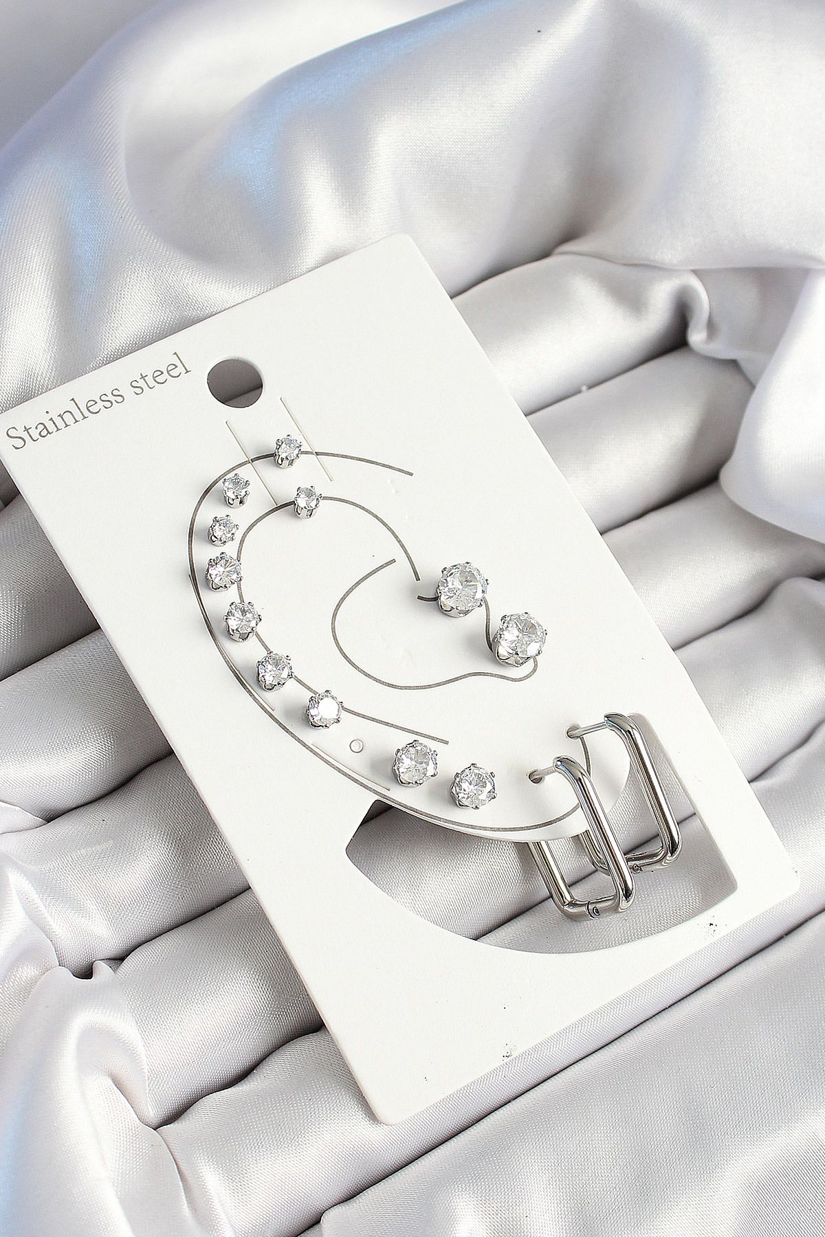 LovelymCo 316L Çelik Dikdörtgen Figürlü Ve Zirkon Taşlı Gümüş Renk 7'Li Çift Kadın Küpe Set - Lisinya
