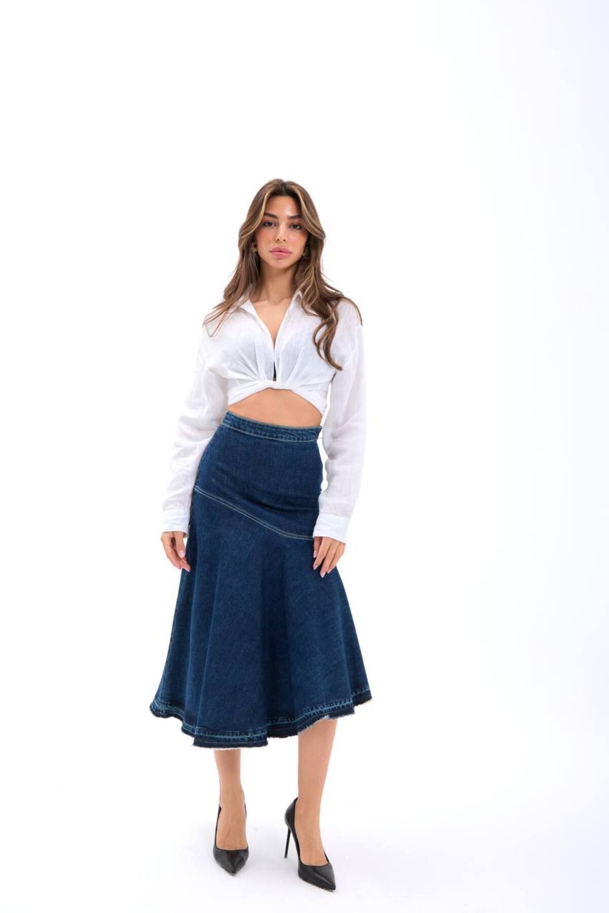 MONETA ANİTA Asimetrik Kesim Midi Boy Jean Etek