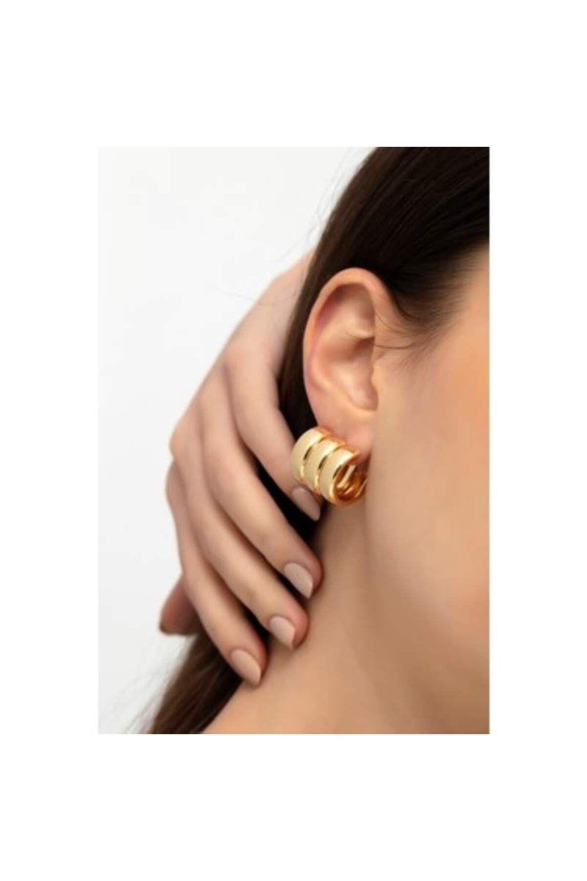 Prestij Jewelry Çelik Üç Bombeli Gold Kadın Küpe