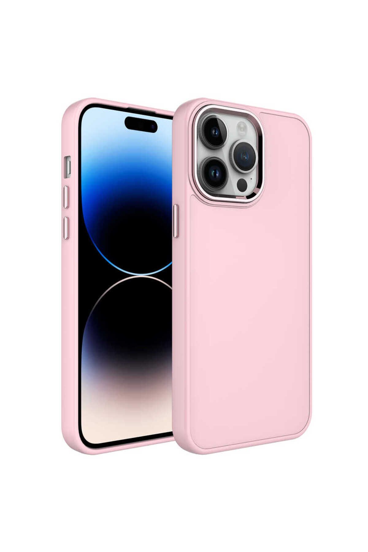 halkhouse Apple iPhone 14 Pro Max Kılıf Metal Çerçeve ve Buton Tasarımlı Renkli Esnek Kırılmaz Silikon Luna Ka