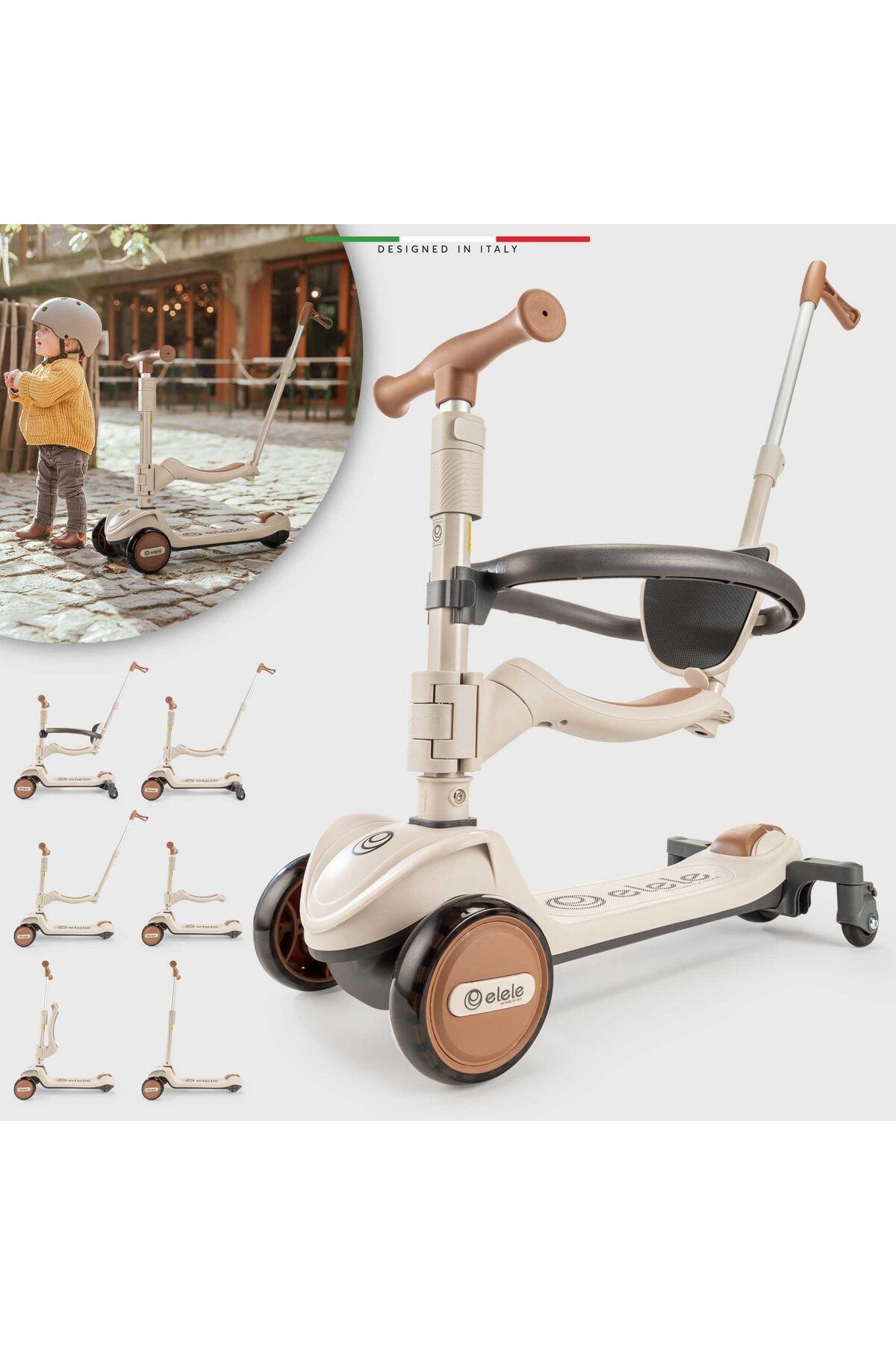 Elele Potenza 4in1 Ebeveyn Kontrollü 5 Tekerlekli Çocuk Scooter Işıklı Oturaklı Kahverengi