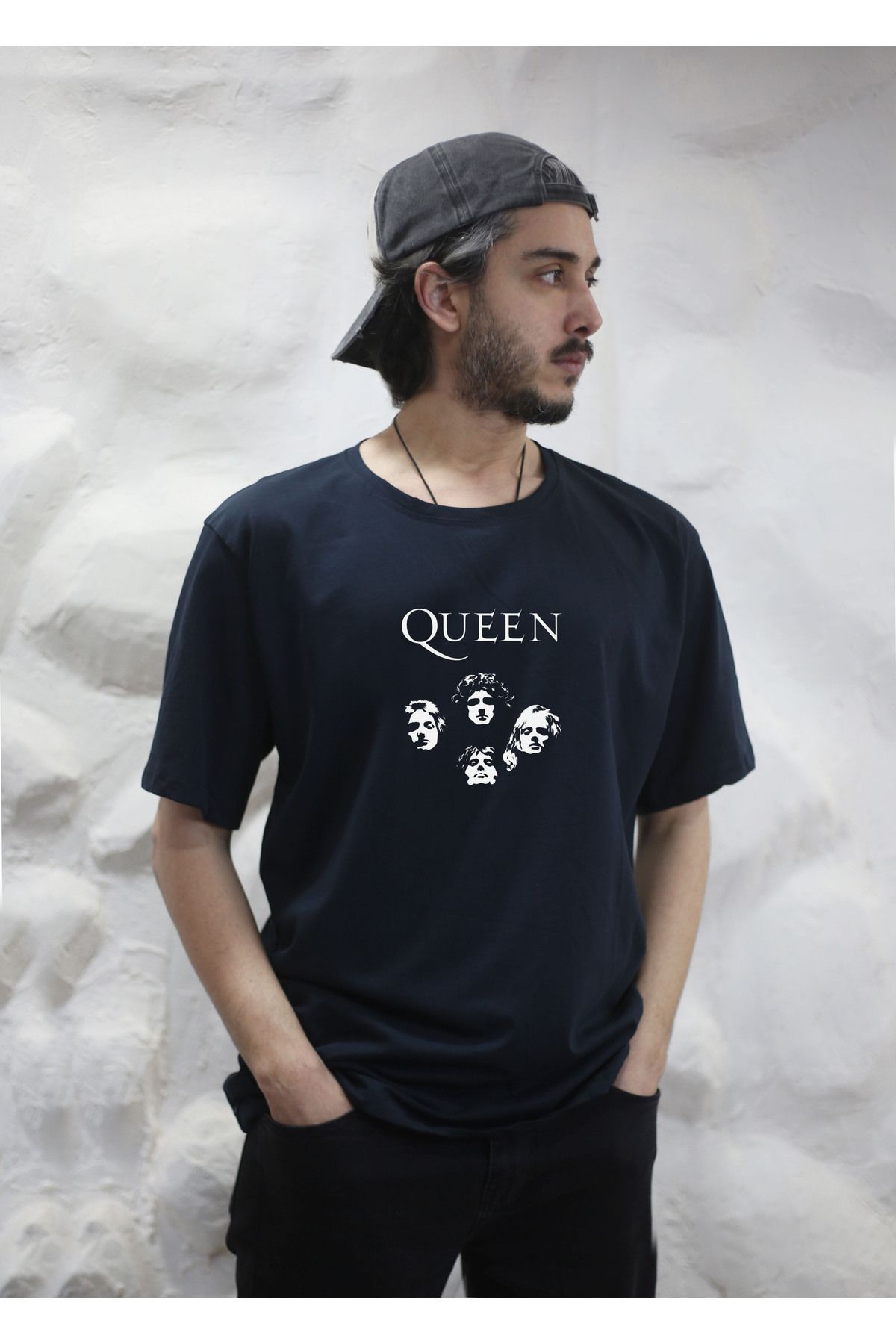 sielta Queen Metal Müzik Grubu Baskılı Oversize Erkek Pamuklu Lacivert Tişört T-shirt