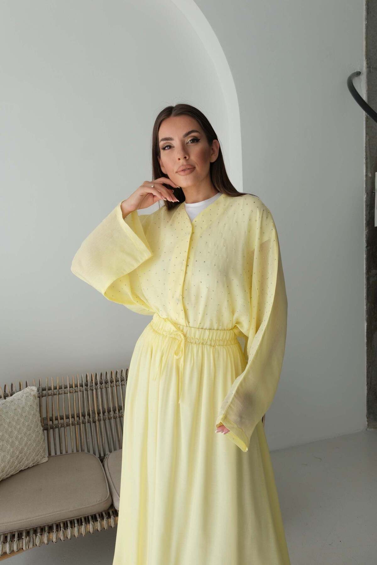 Hatun Atila Oversize Taş Detaylı Gömlek ve Dökümlü Astarlı Etek İkili Takım 8830 - Sarı