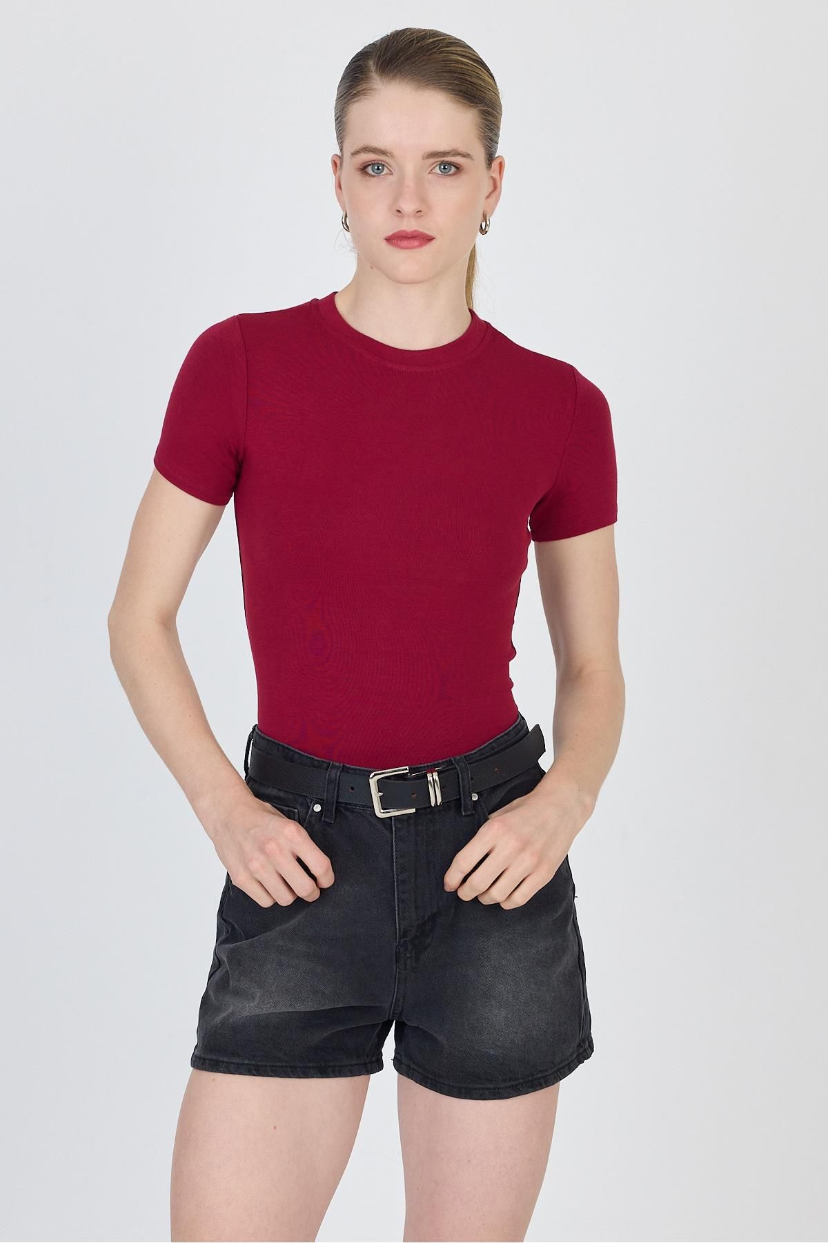 Rays Bordo Bisiklet Yaka Viskoz/Yumuşak Kumaş Slim Fit Tişört 1468