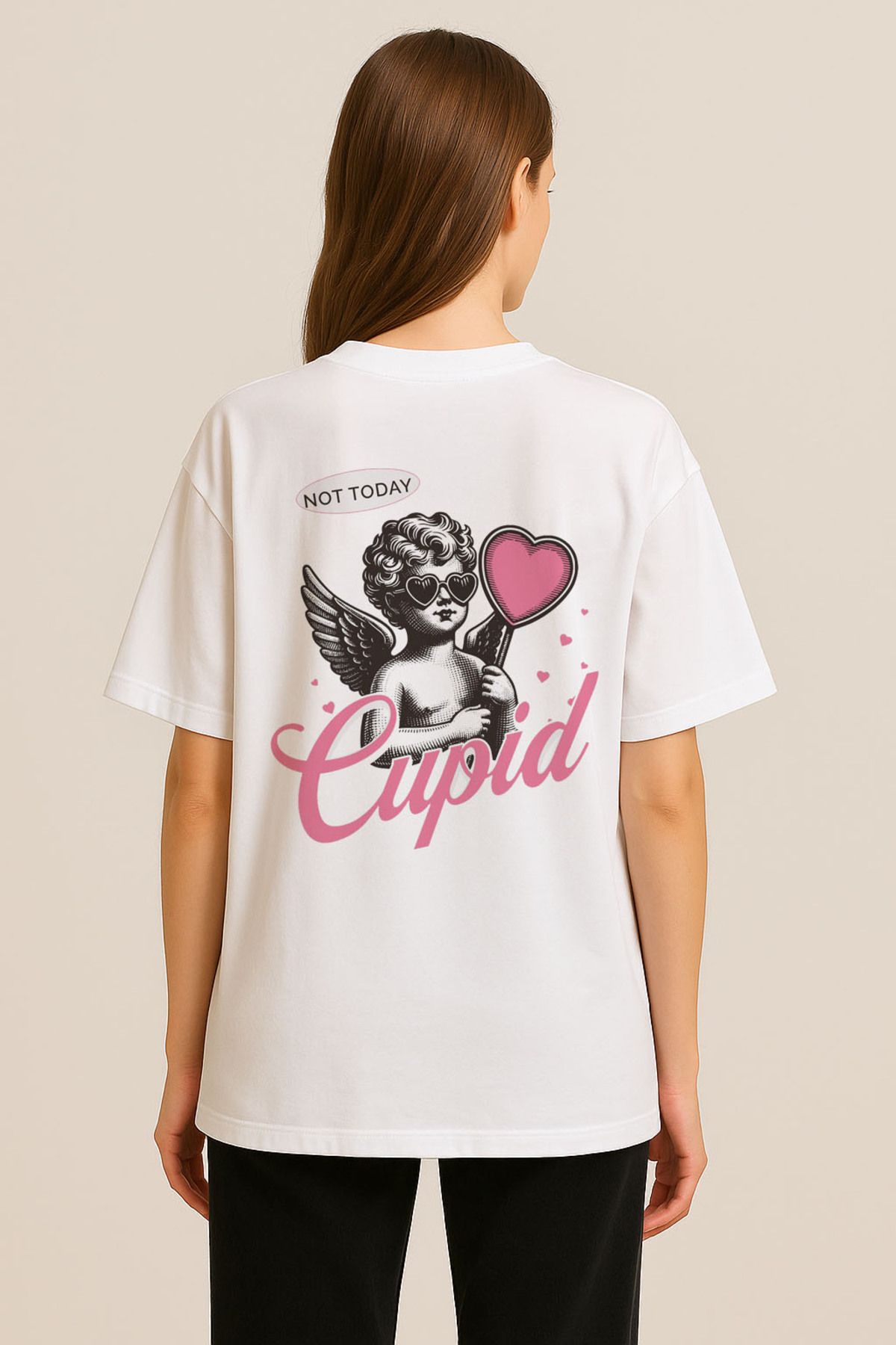 sielta Kalpli Melek Not Today Cupid Oversize Kadın Pamuklu Beyaz Tişört T-shirt