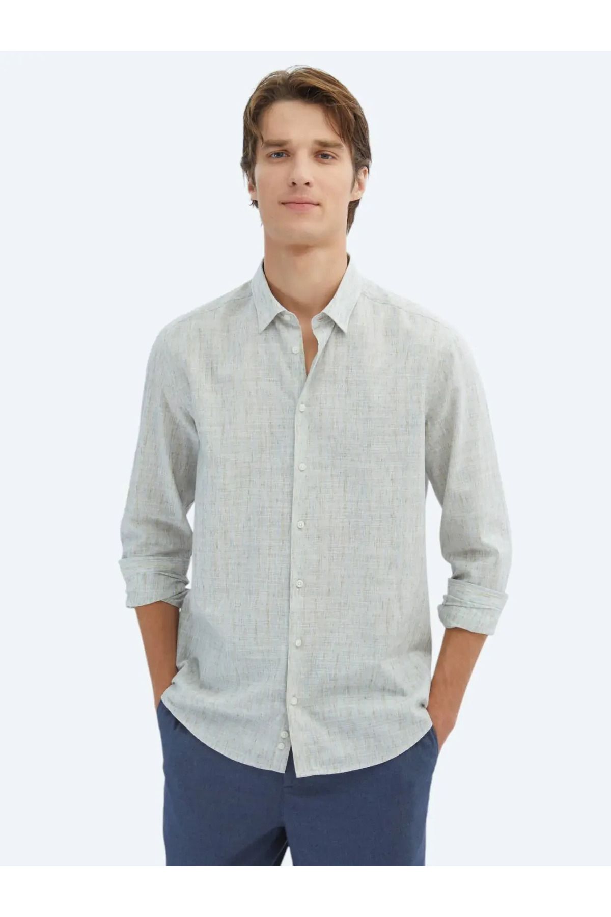 Kip Mavi Çizgili Regular Fit Dokuma Casual Pamuk Karışımlı Gömlek
