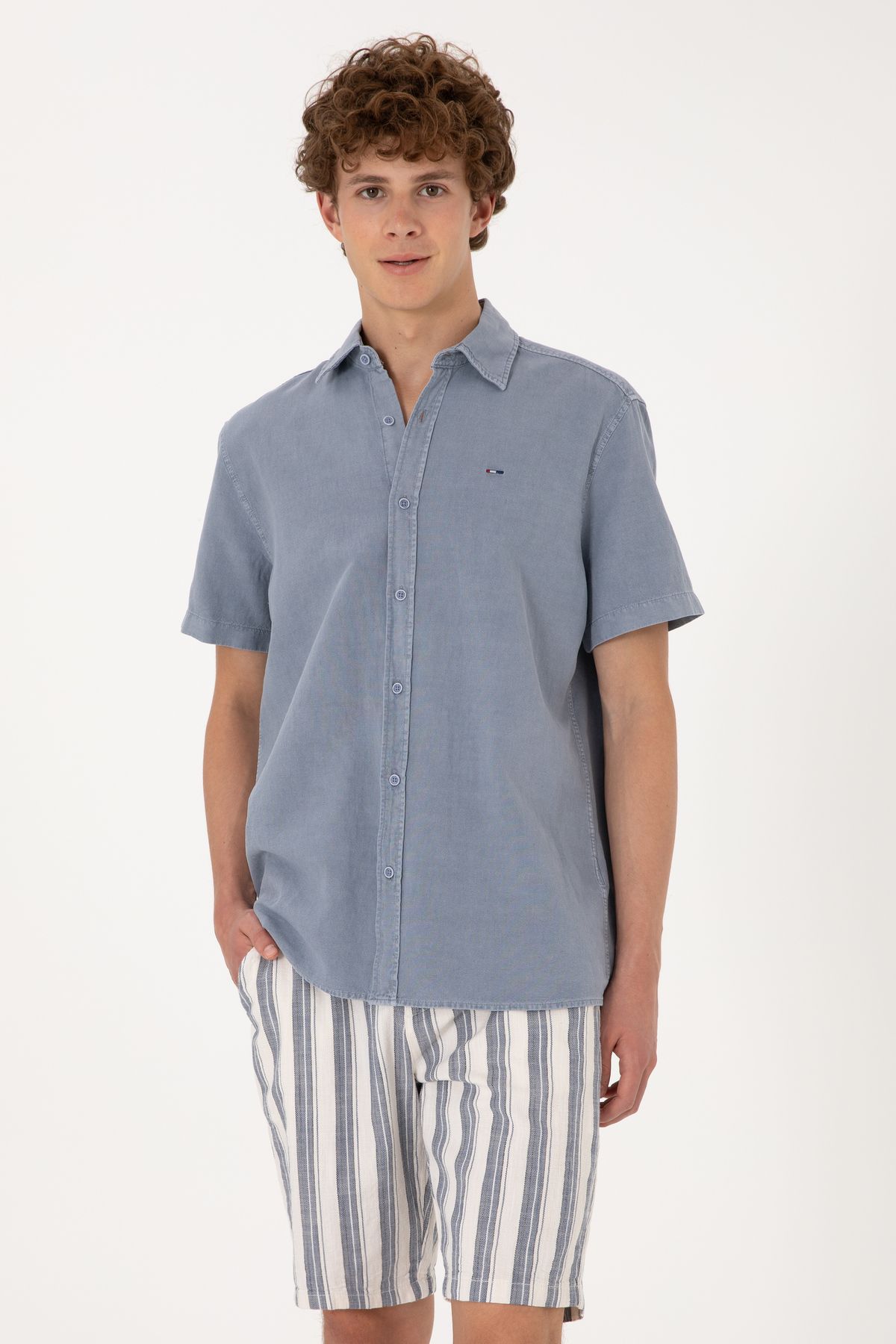 U.S. Polo Assn. Erkek Mavi Kısa Kollu Gömlek 50304955-VR036