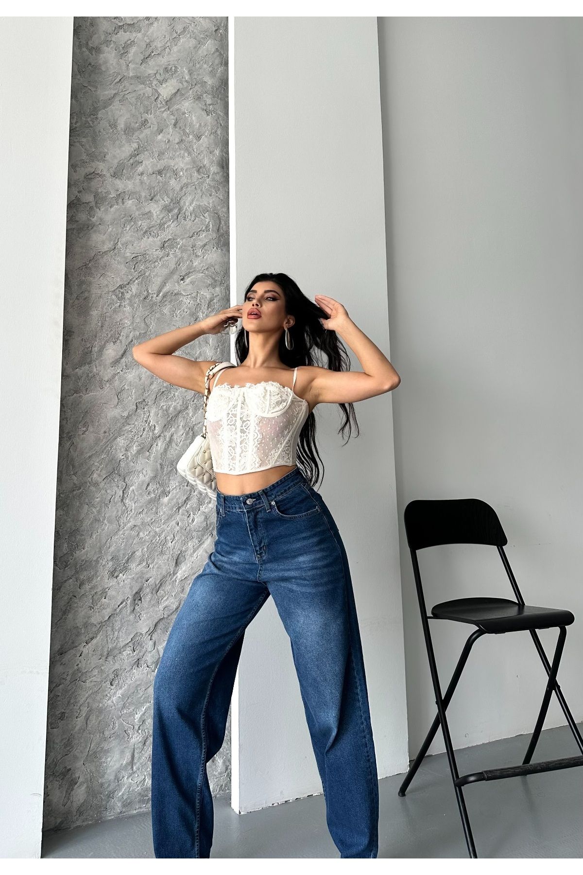 DESTEMODA Kadın Baggy Kot Taş Enzim Kimyasal Bıyık Yıkama Pantolon Koyu Mavi 4002