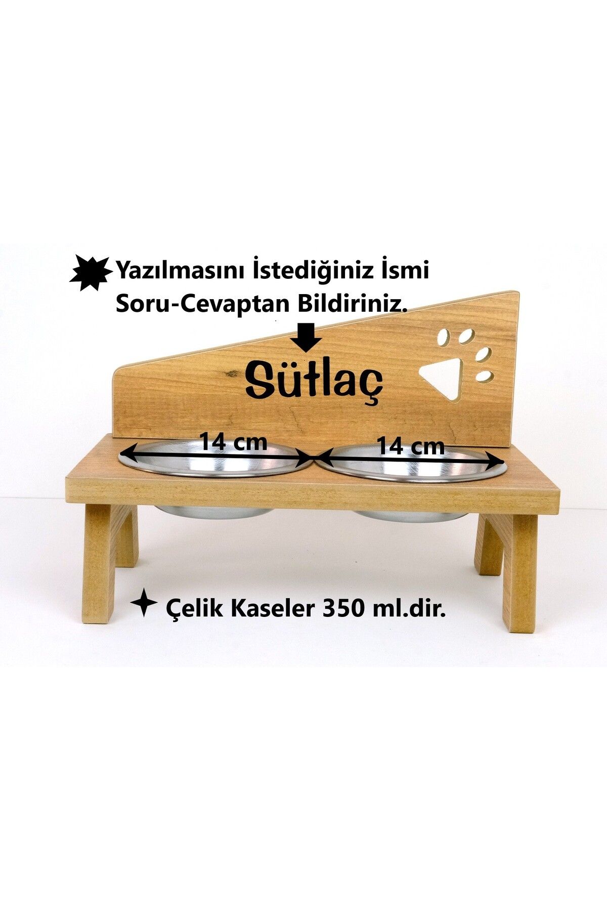 ENEFENDİ Kedi Köpek Mama ve Su Kabı - Özel İsim Baskılı - Pençe Modeli - Sabit Ayak - Meşe MDF - Çelik Kase -