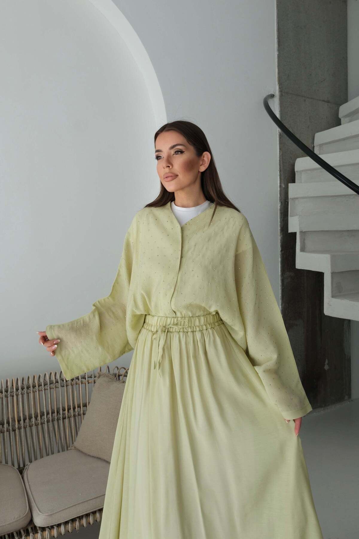 Hatun Atila Oversize Taş Detaylı Gömlek ve Dökümlü Astarlı Etek İkili Takım 8830 - Yeşil