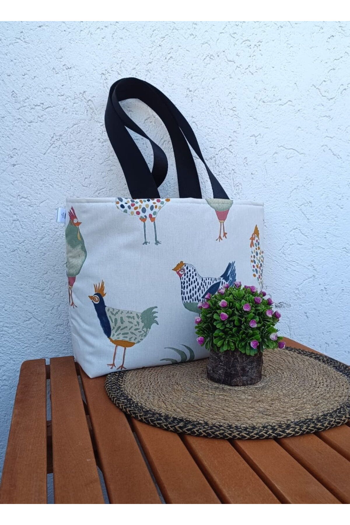 NGA's Yazlık Yıkanabilir Astarlı Keten Kumaş Tote Bag Bez Pinterest Çantası Gezen Tavuklar 40*33*7 cm
