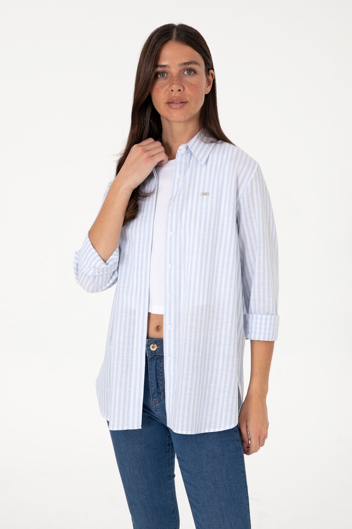 U.S. Polo Assn. Kadın Açık Mavi Çizgili Uzun Kollu Gömlek 50306405-VR003