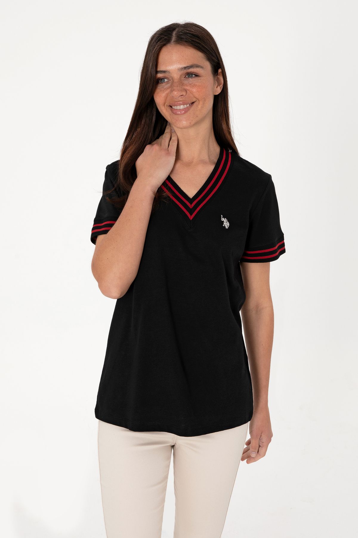 U.S. Polo Assn. Kadın Siyah V Yaka Tişört 50305770-VR046