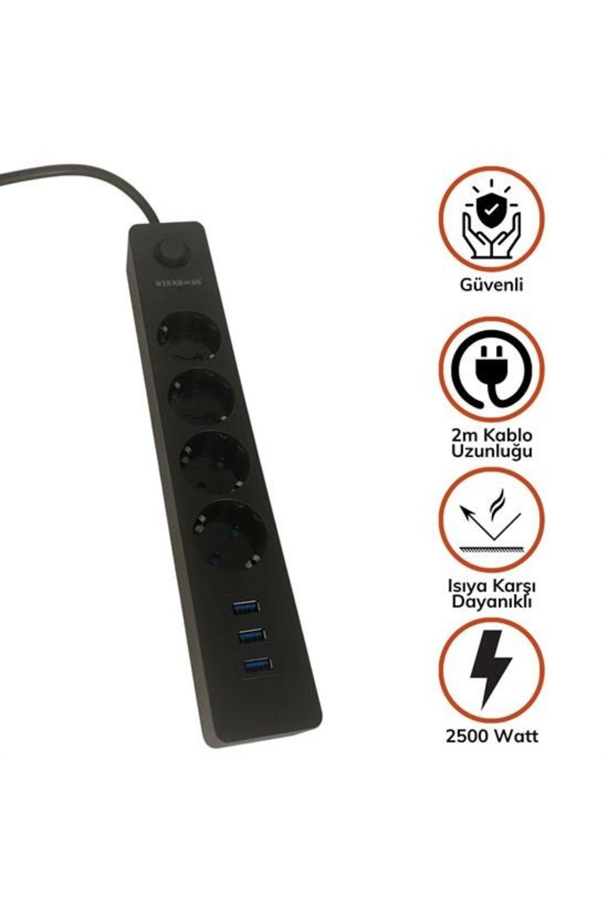 feifei Termak Akım Korumalı 4 Priz 3 Usb Girişli Uzatma Kablosu Güç&Şarj
