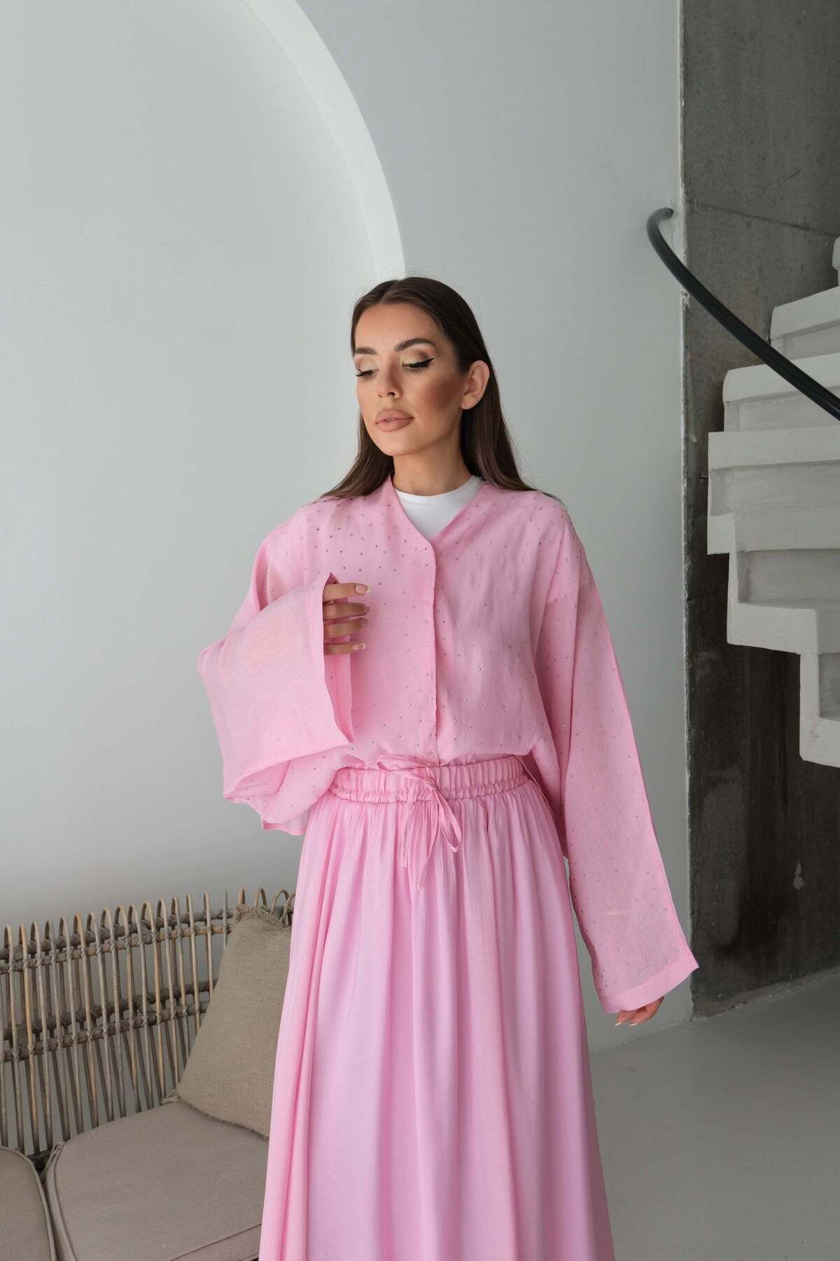 Hatun Atila Oversize Taş Detaylı Gömlek ve Dökümlü Astarlı Etek İkili Takım 8830 - Pembe