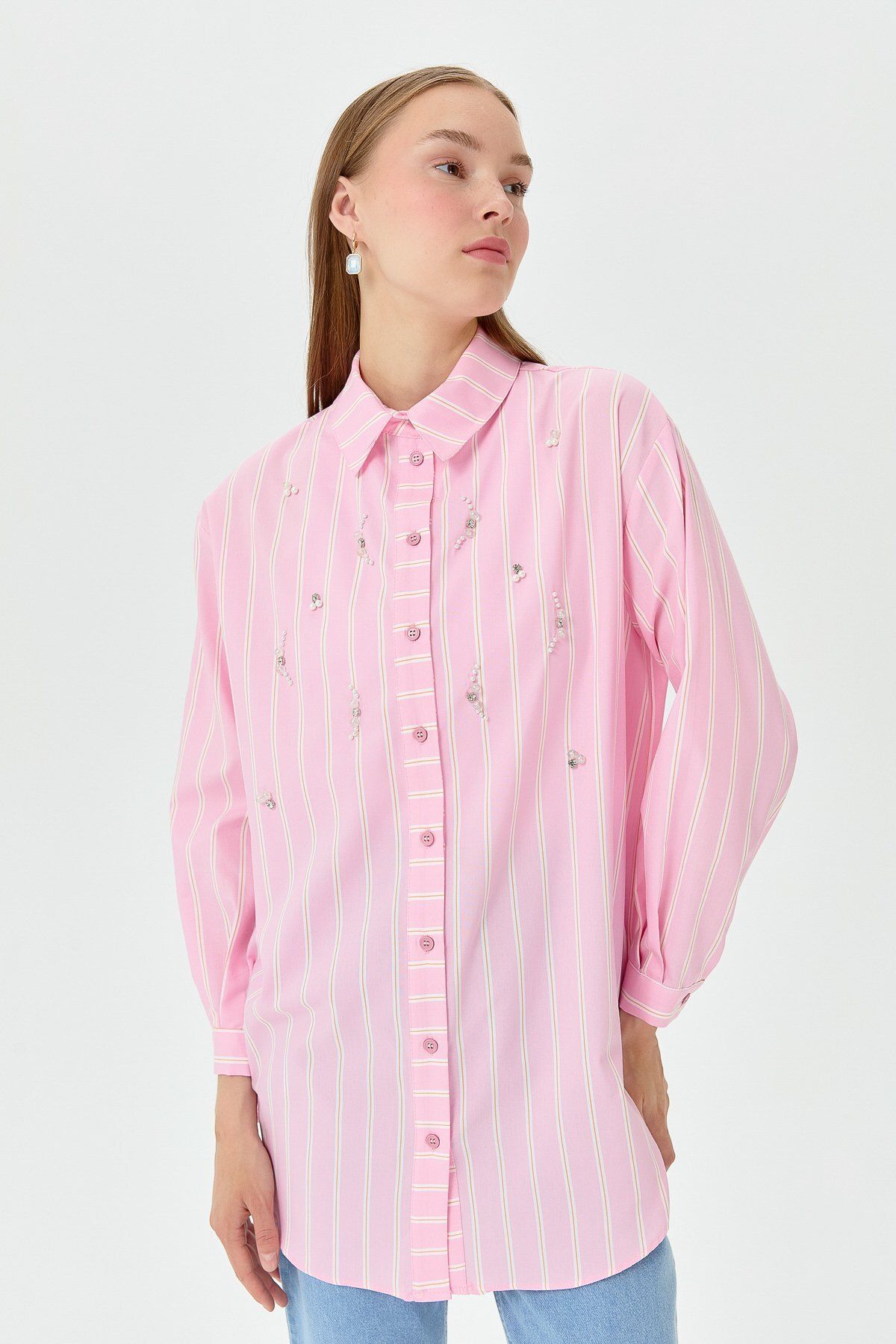 Nihan Taş Detaylı Gömlek Yaka Oversize Tunik Pembe