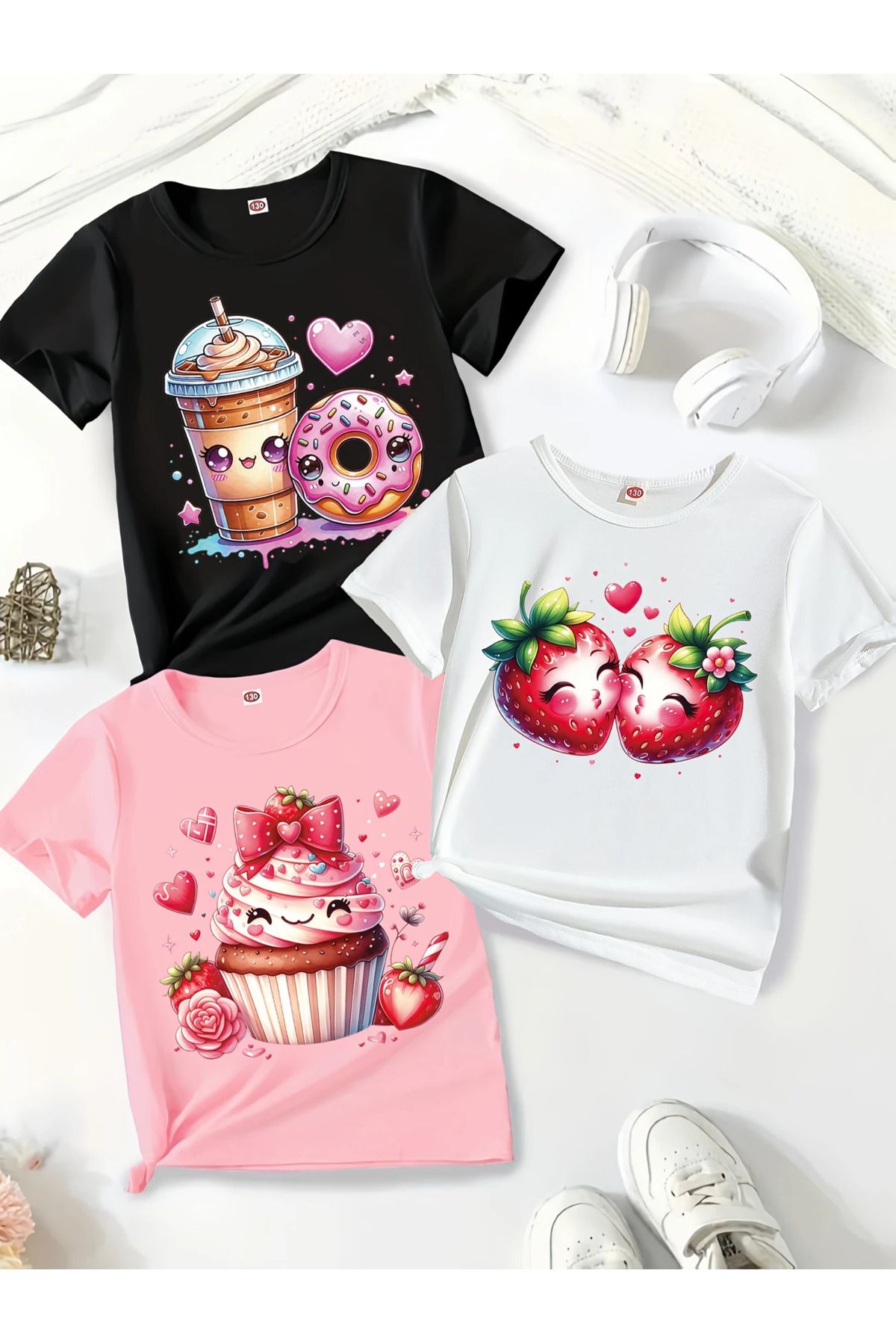 aynewmoda 3 Adet Kız Kısa Kollu Tişörtler Sevimli Karikatür Baskılı Meyveli Kek Çilekli Donut 3 Adet 1200