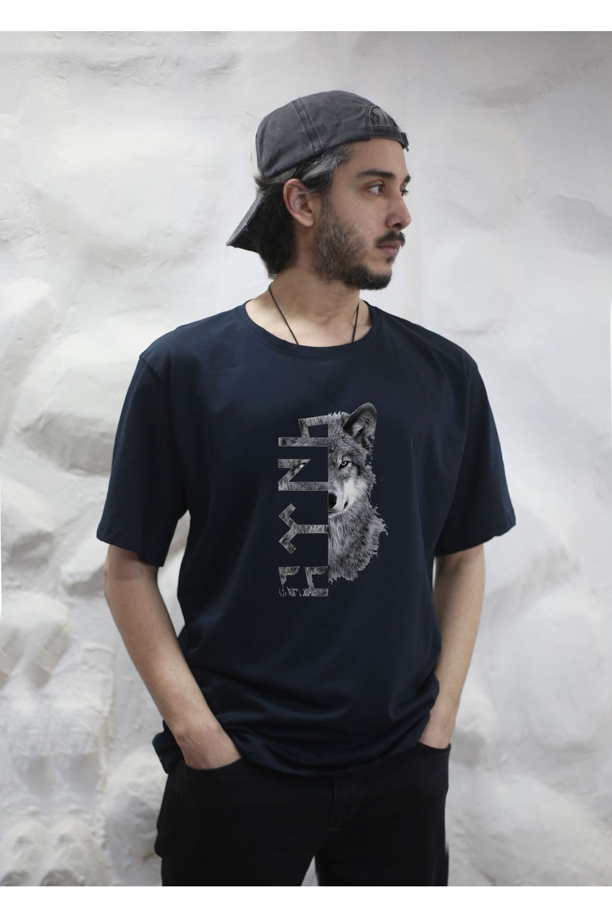 sielta Türk Bozkurt Kurt Oversize Erkek Pamuklu Lacivert Tişört T-shirt
