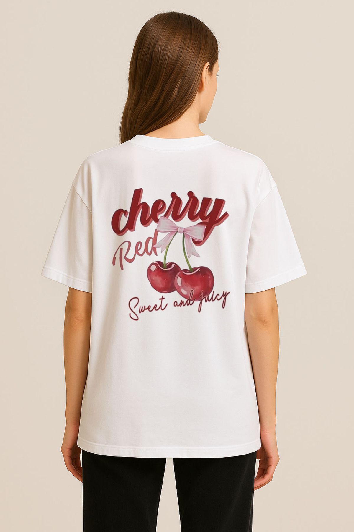 sielta Cherry Kiraz Vintage Oversize Kadın Pamuklu Beyaz Tişört T-shirt
