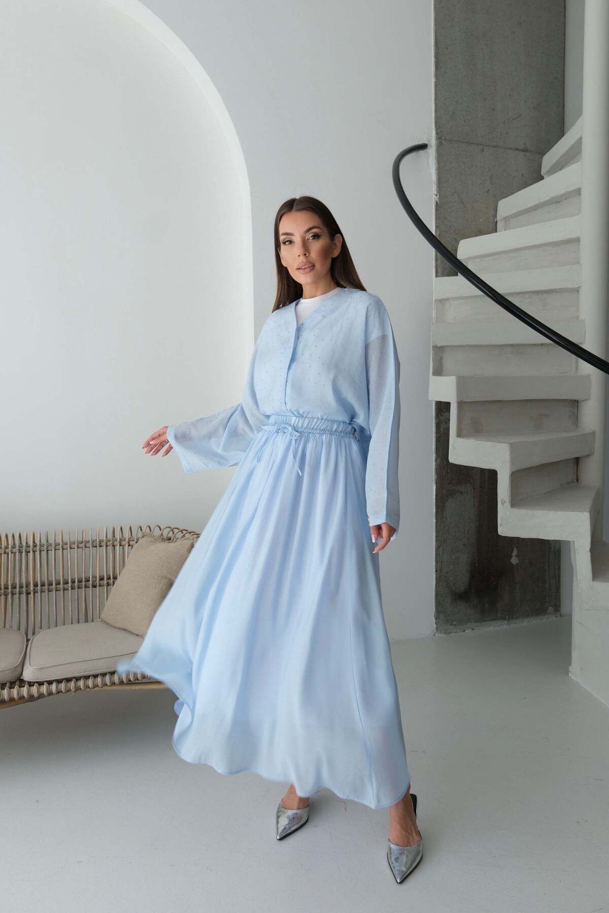 Hatun Atila Oversize Taş Detaylı Gömlek ve Dökümlü Astarlı Etek İkili Takım 8830 - Mavi