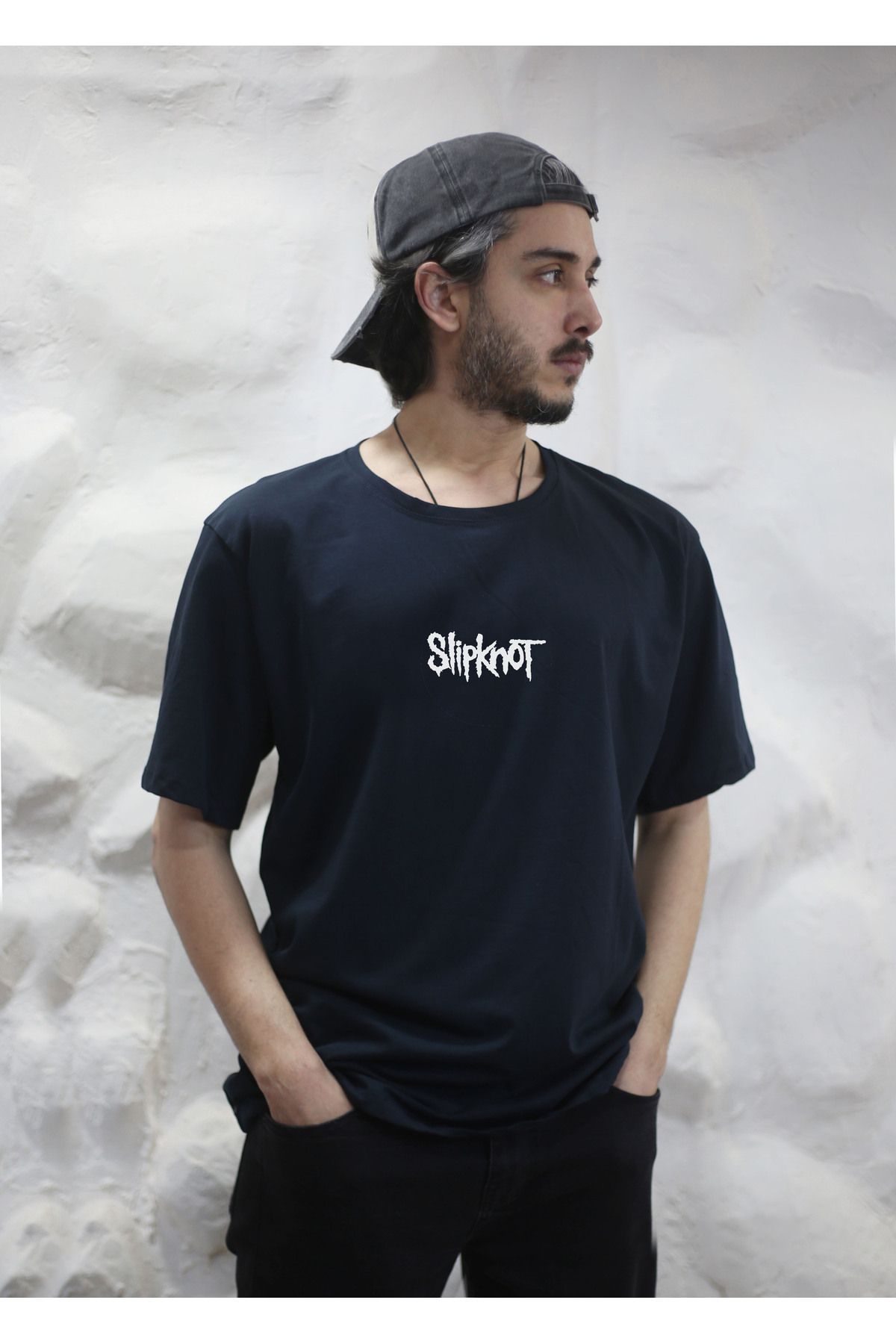 sielta Slipknot Müzik Grubu Baskılı Oversize Erkek Pamuklu Lacivert Tişört T-shirt