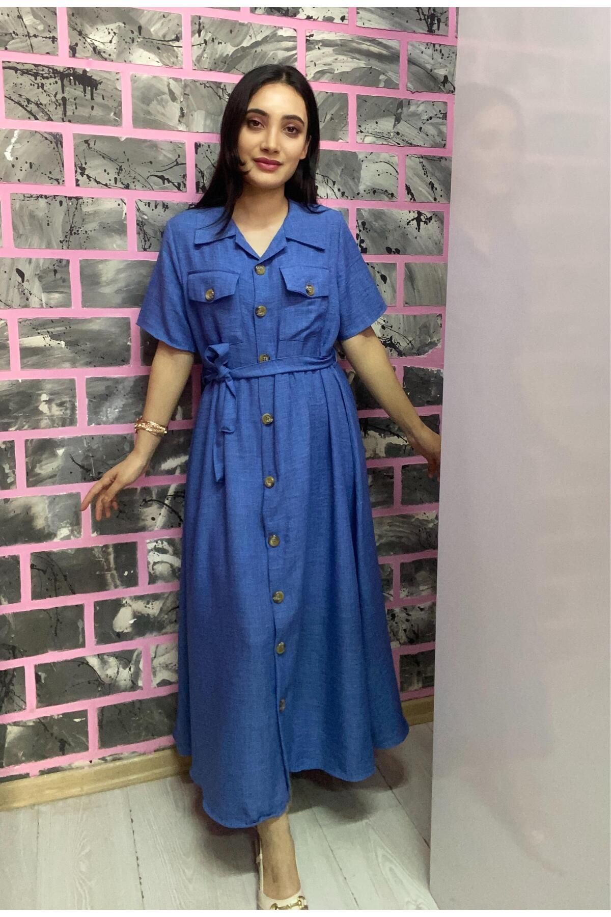 EGELİMODA Uzun Yazlık Mavi Keten Gömlek elbise