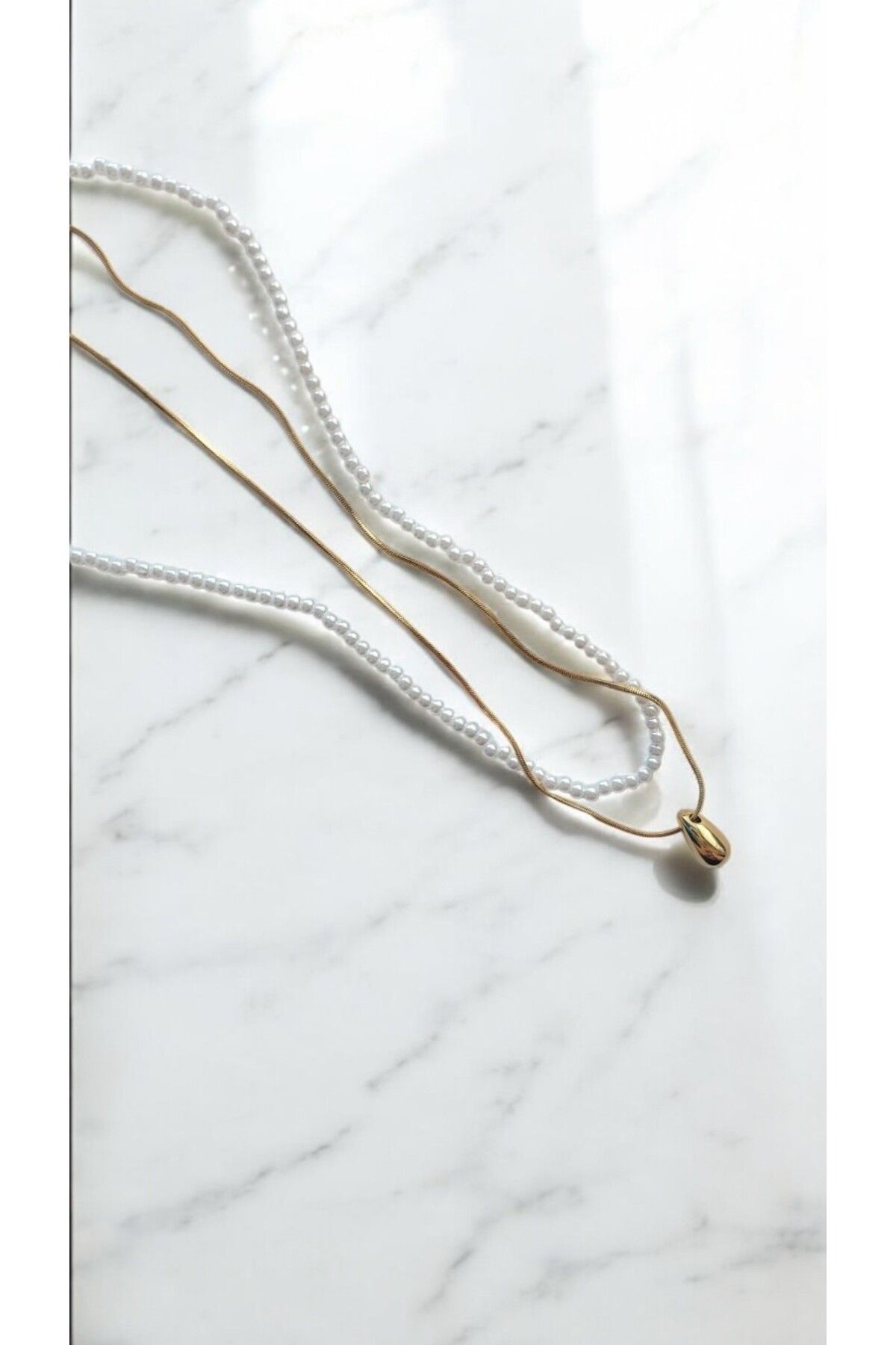 NOVA JEWELLERY Zirkon Taşlı İncili 2'li Paslanmaz Çelik Zincir Kolye |STEEL NECKLACE
