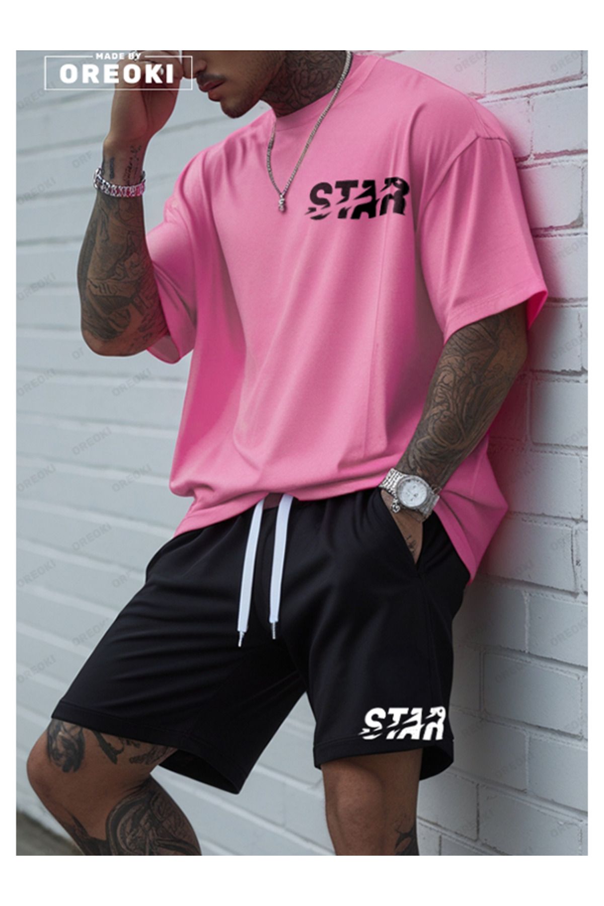 EFFRENATU Yıldız Baskılı Pamuklu Kumaş Erkek Pembe T-shirt-Siyah Şort Takım