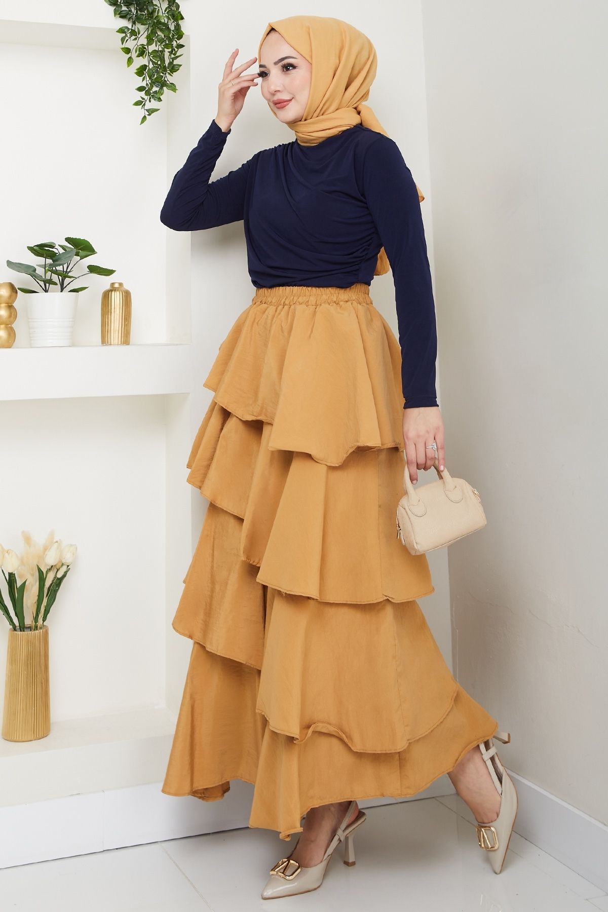 InStyle Fırfırlı Kat Kat Uzun Modal Etek Camel