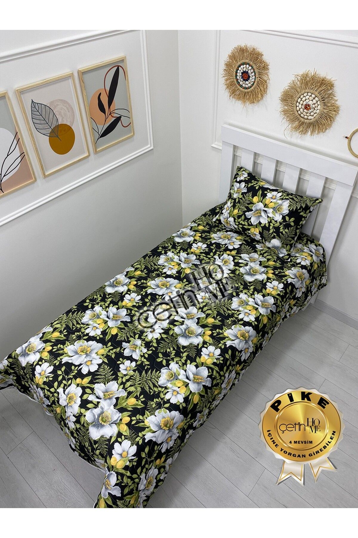 Çetinhome Çetinhome Tek Kişilik Kapitone Pike Seti 4 Mevsim Limon Çiçeği
