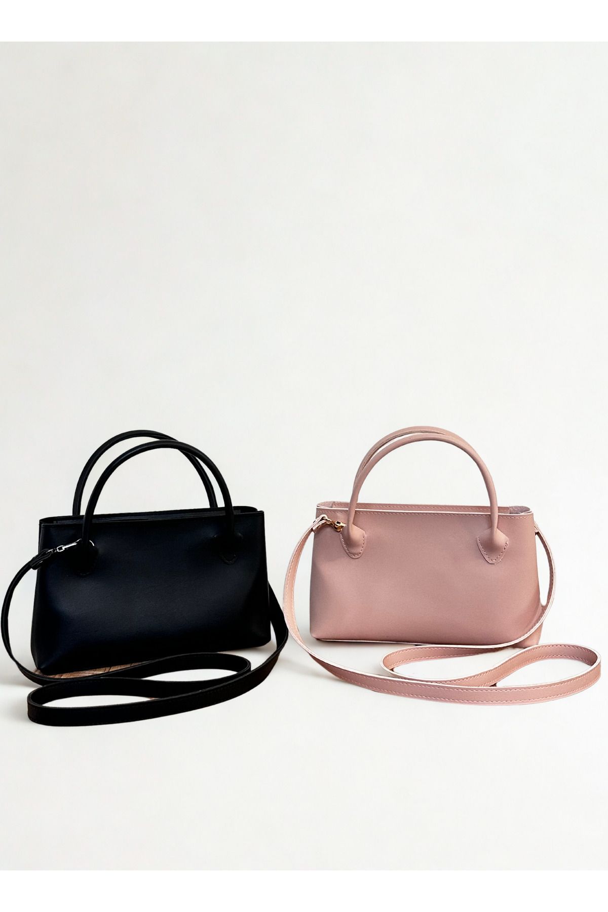fular & bags Kadın Fermuarlı Uzun Saplı İkili Takım Siyah ve Pembe Baget El ve Omuz Çantası