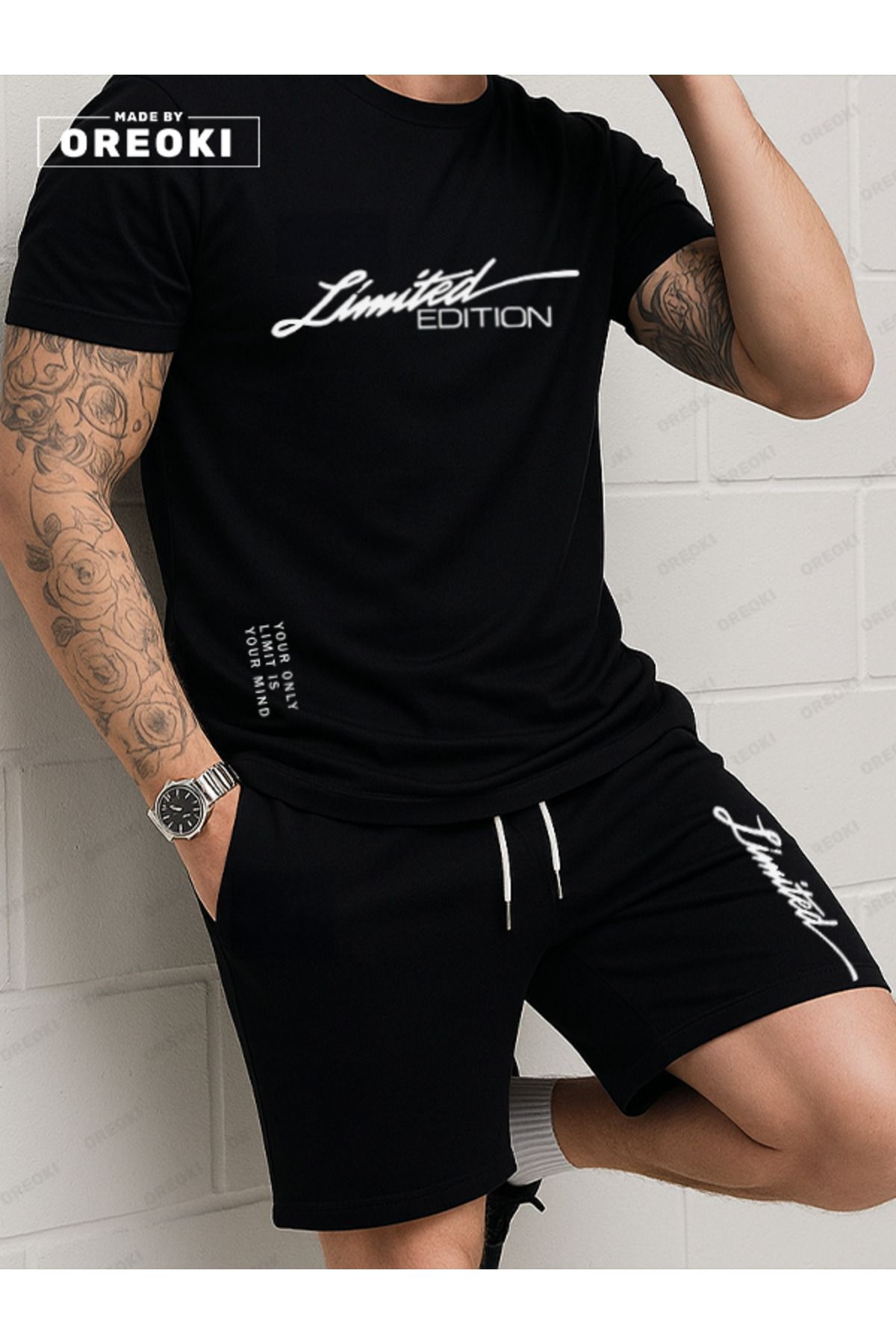 EFFRENATU Sınırlı Sayıda Baskılı Pamuklu Kumaş Erkek Siyah T-shirt-Siyah Şort Takım