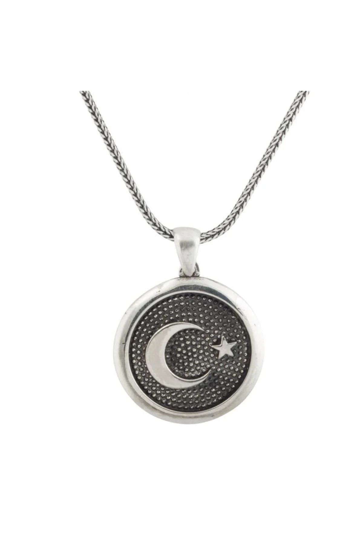 shop Ay Yıldız Yuvarlak 925 Ayar Gümüş Erkek Kolye