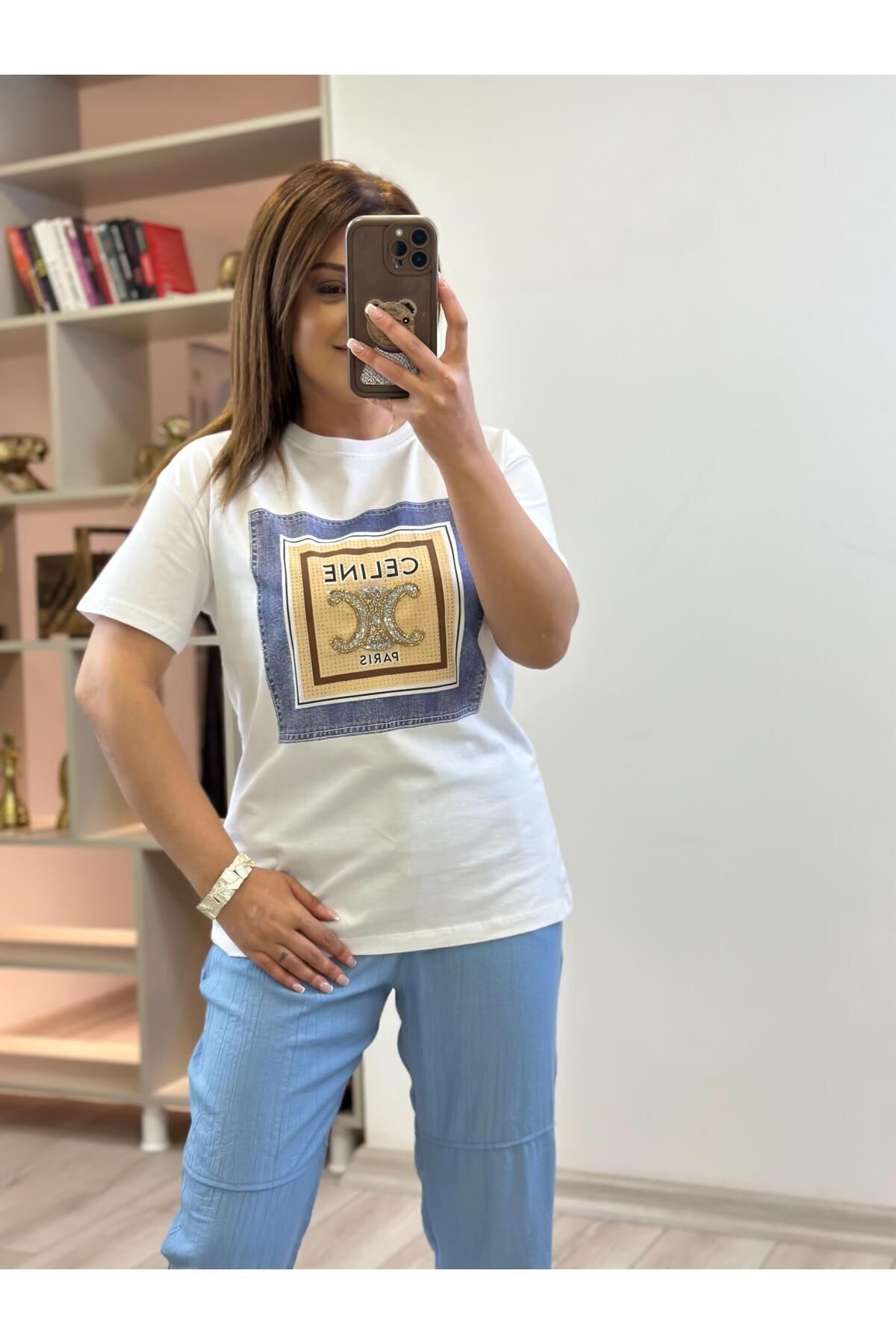 MELTEM TUĞAN Yazı Baskılı Kot Detaylı Tshirt BEYAZ