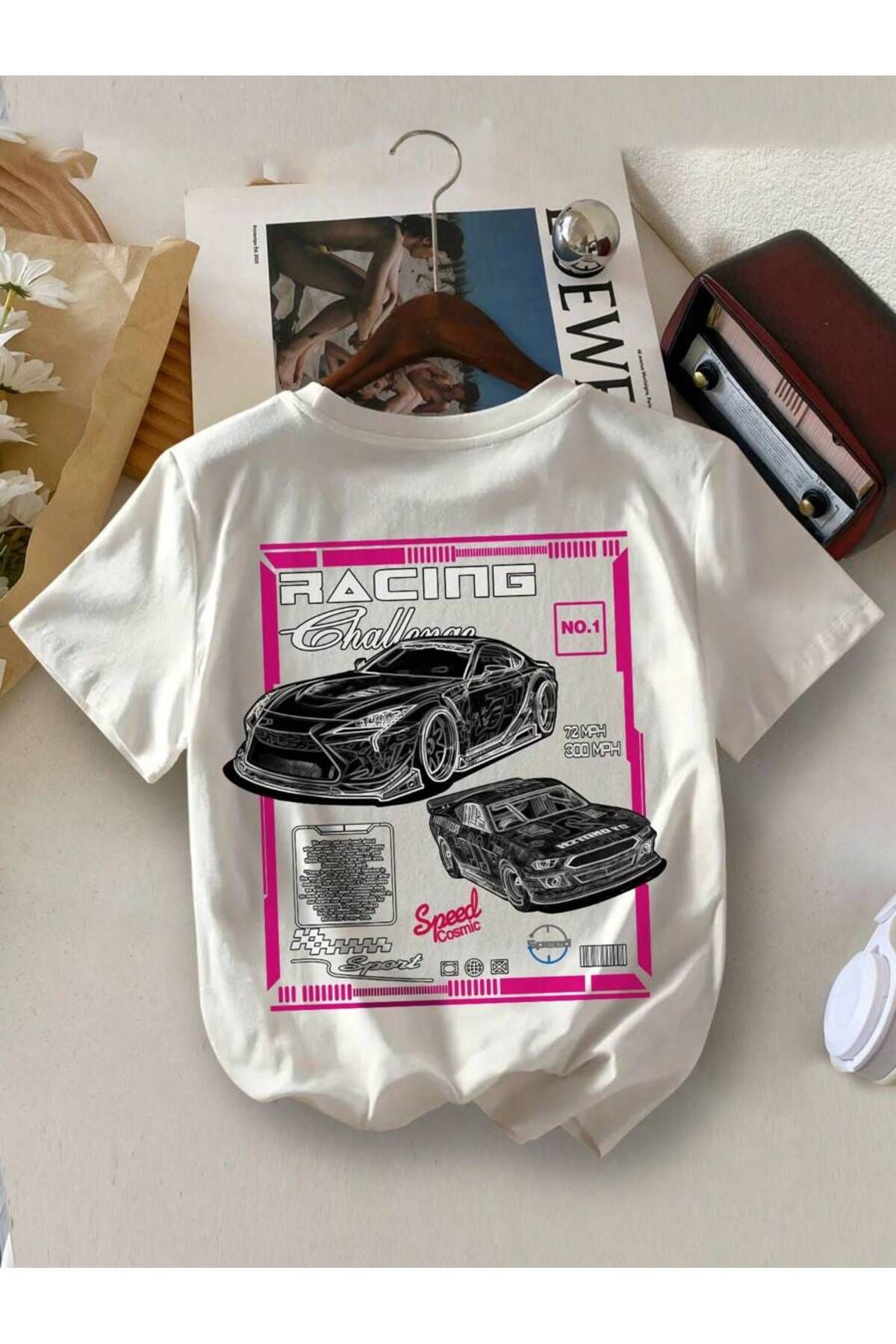 ELNOYA Unisex Pamuklu Beyaz Oversize "Spead No1" Baskılı Rahat Günlük T-shirt