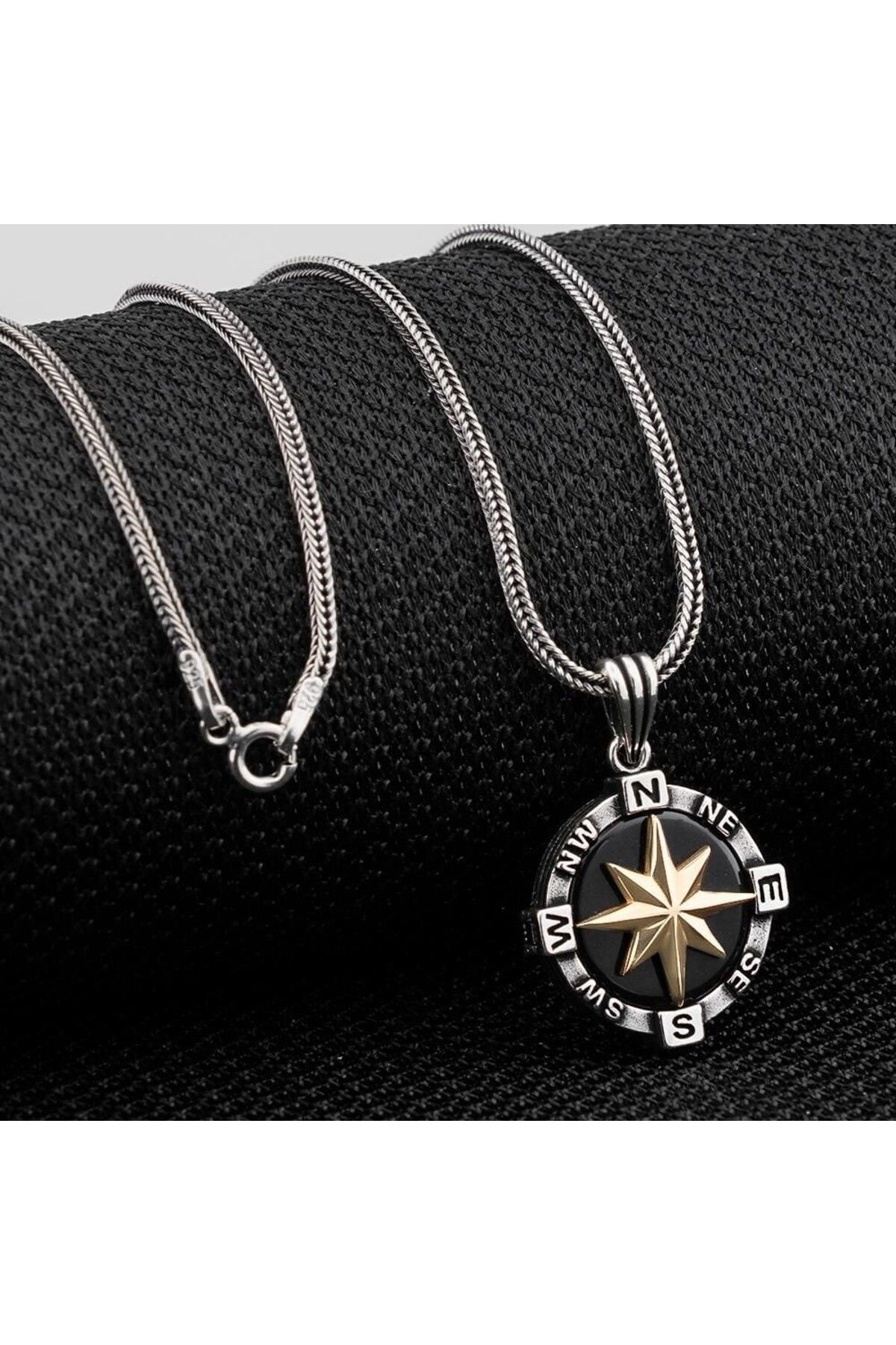 shop Siyah Pusula 925 Ayar Gümüş Erkek Kolye