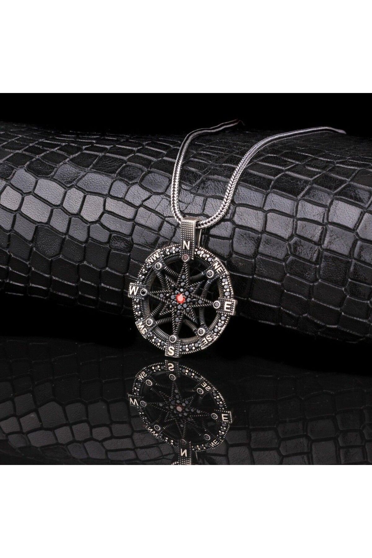 shop Zirkon Taşlı Pusula 925 Ayar Gümüş Erkek Kolye