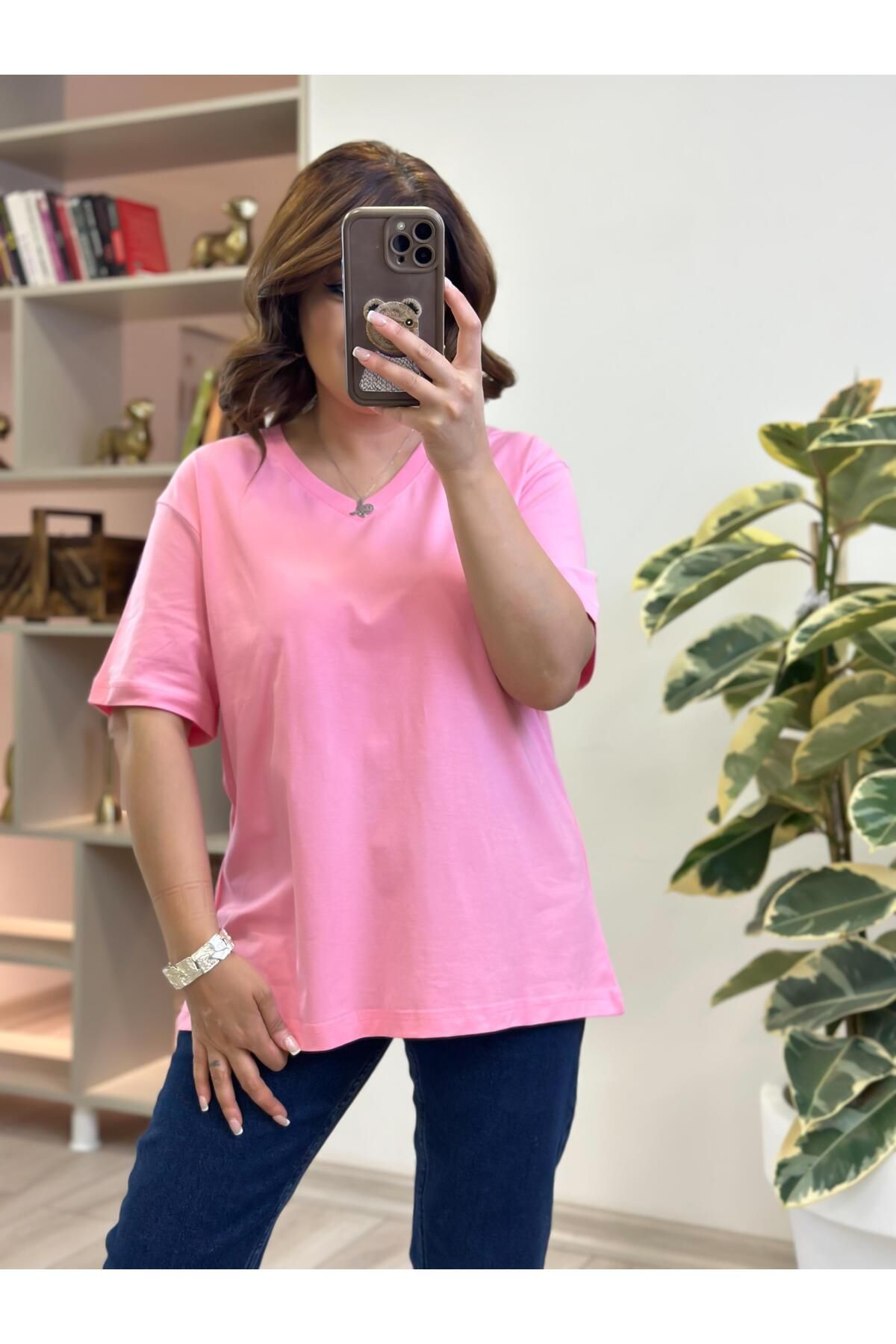 MELTEM TUĞAN V yaka Pamuklu Tshirt PEMBE