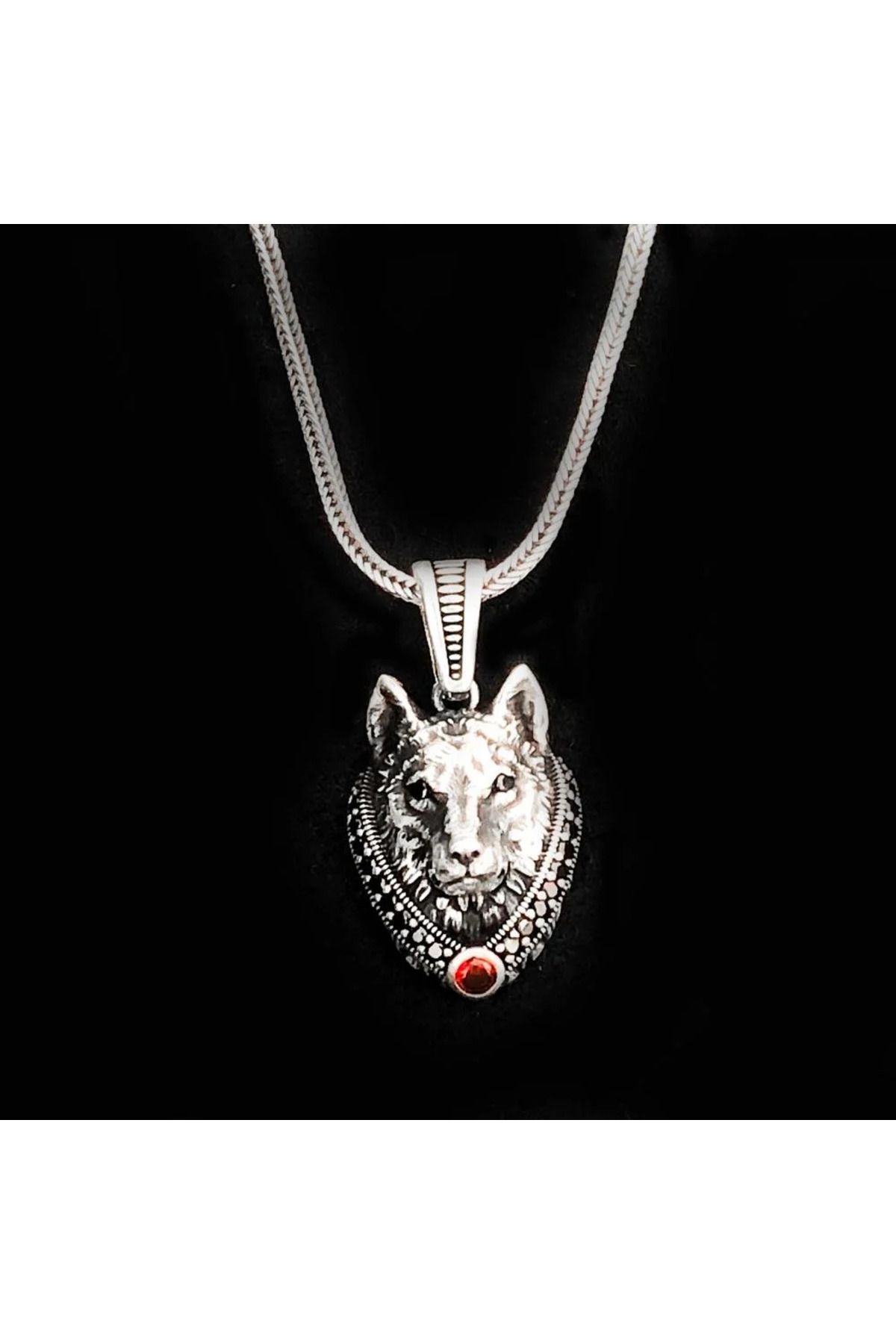 shop Kırmızı Taşlı Kurt Kafası 925 Ayar Gümüş Erkek Kolye